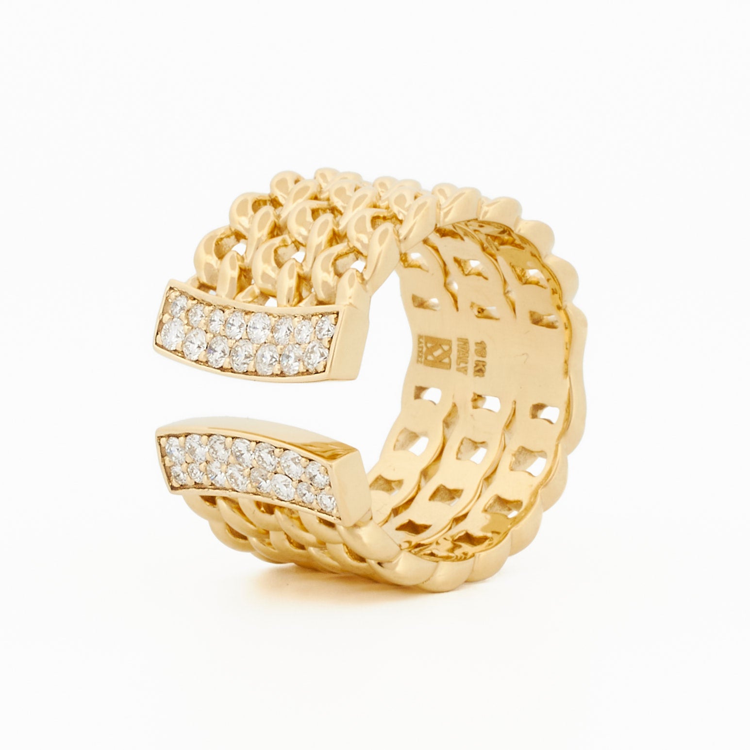 Three Row Chain Ring with Half Moon Pavé Diamond Accent
