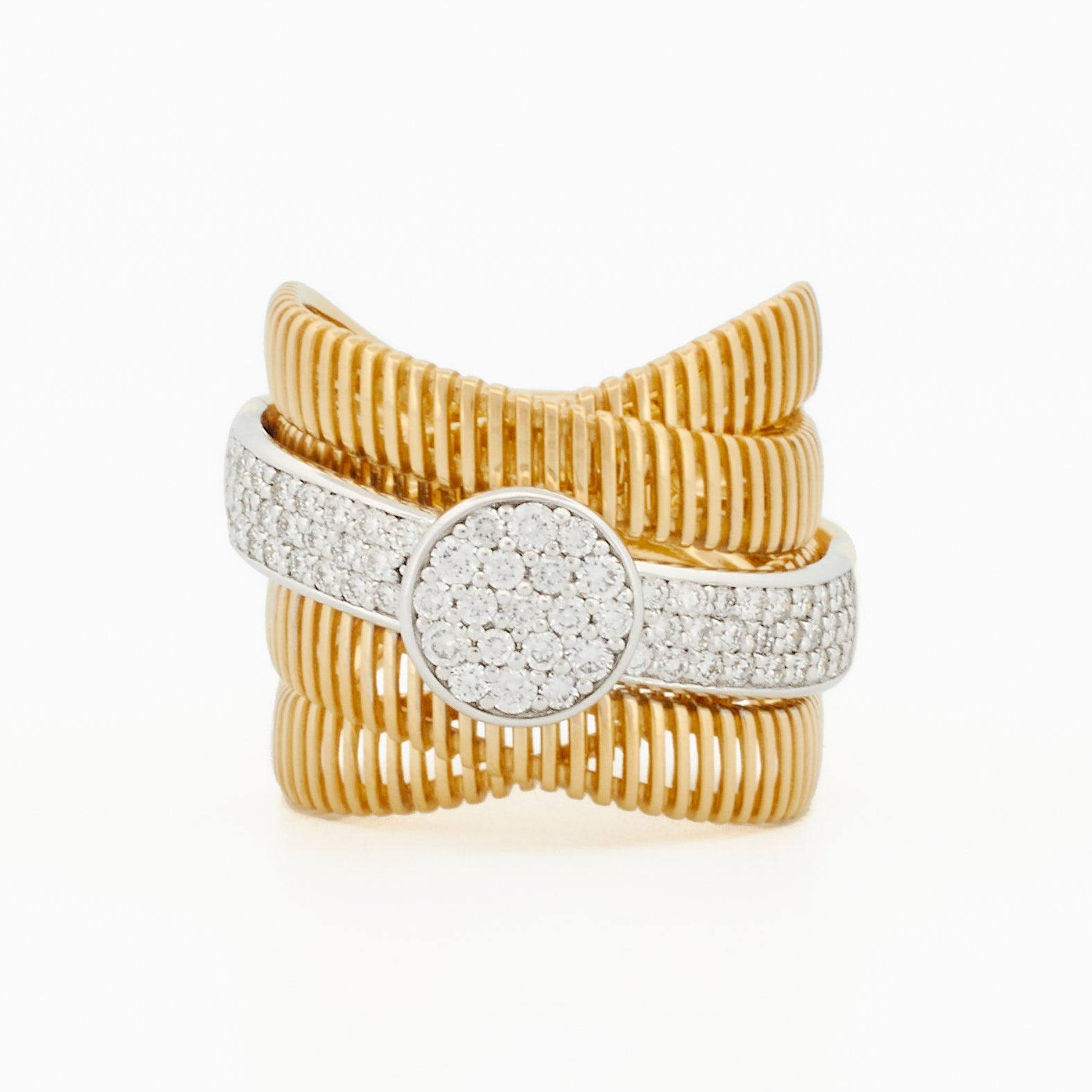 Luxurious Two-Tone Criss-Cross Ring with Pavé Diamond Band