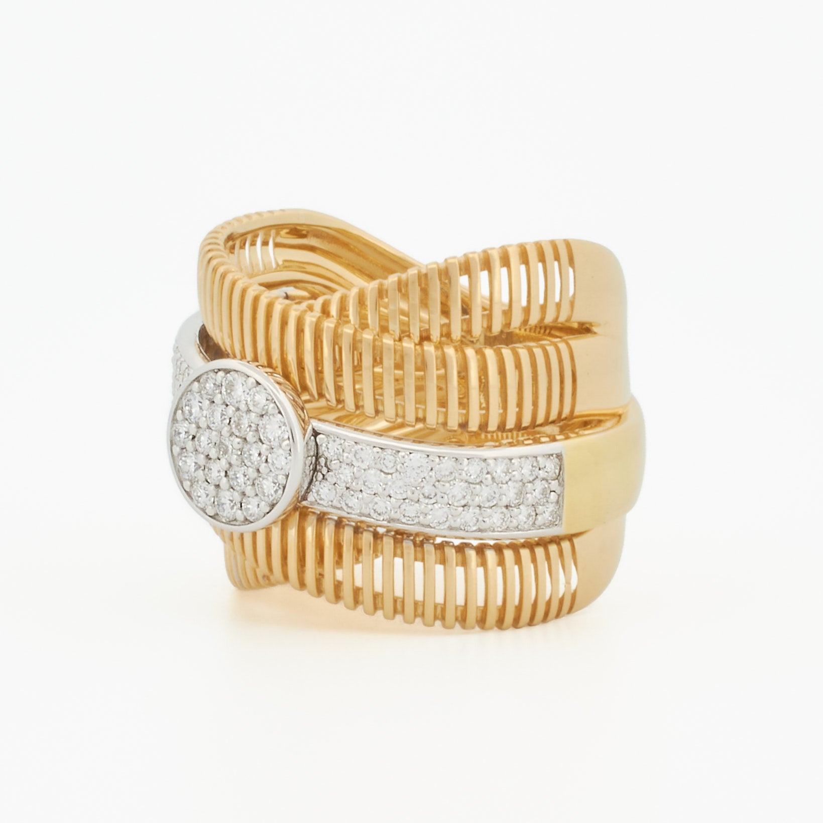 Luxurious Two-Tone Criss-Cross Ring with Pavé Diamond Band