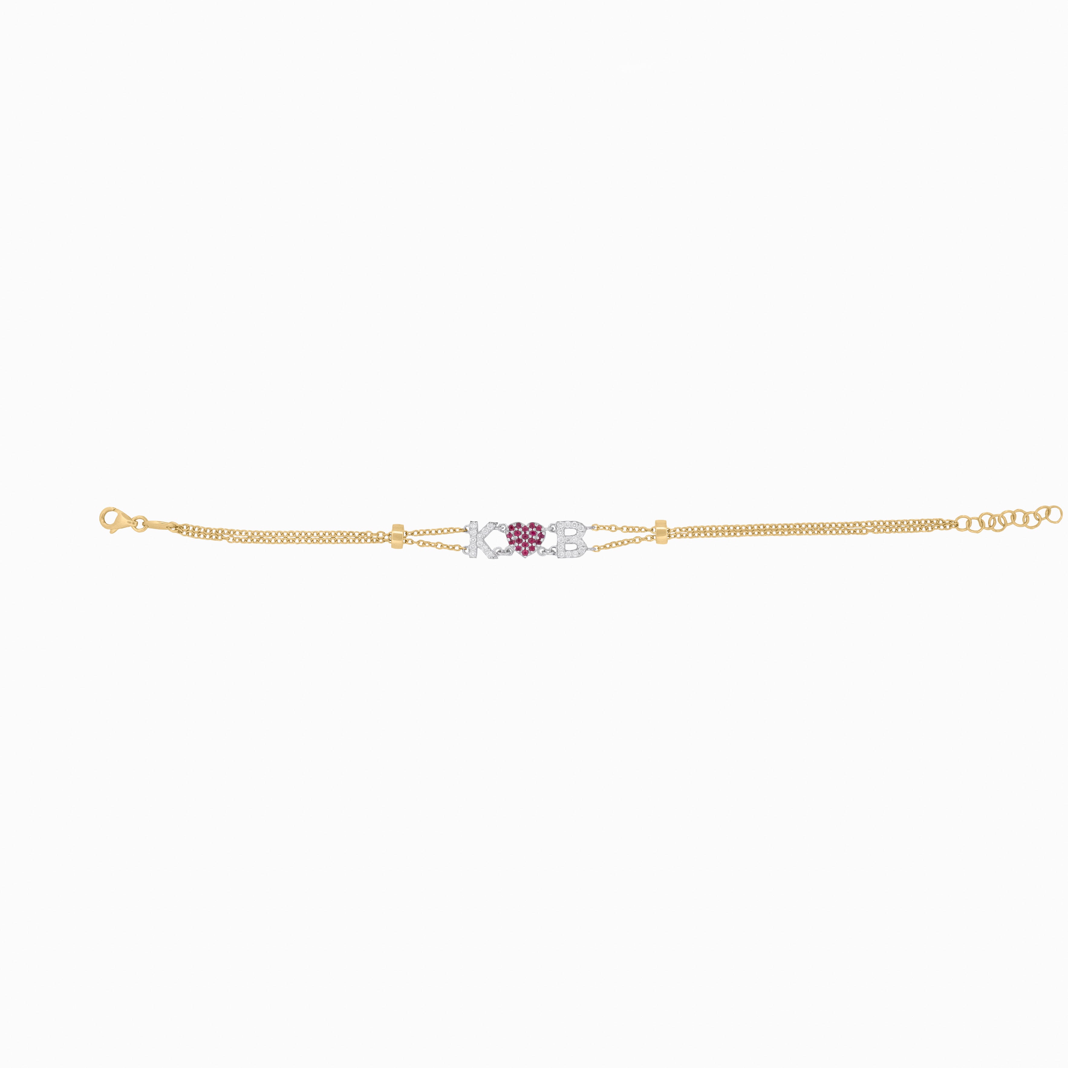 Diamond Initial Gold Bracelet with Ruby Heart