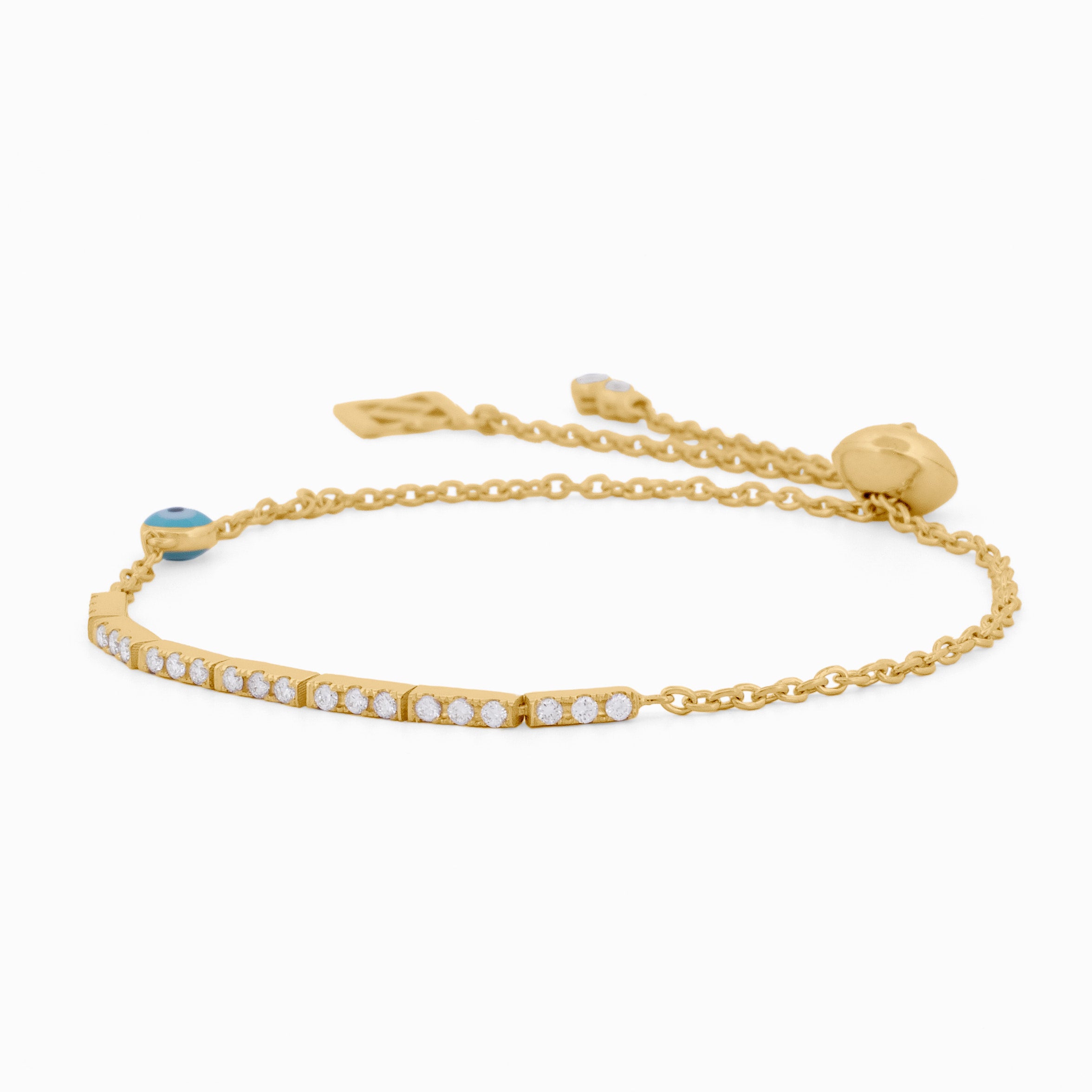Gold Adjustable Bracelet with Diamond Links and Evil Eye