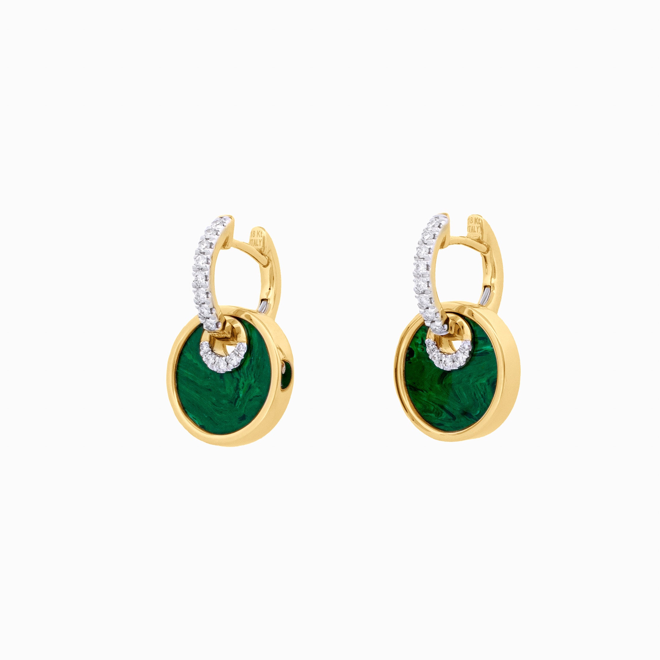 Gold Huggies with Diamond and Malachite Circle Drops
