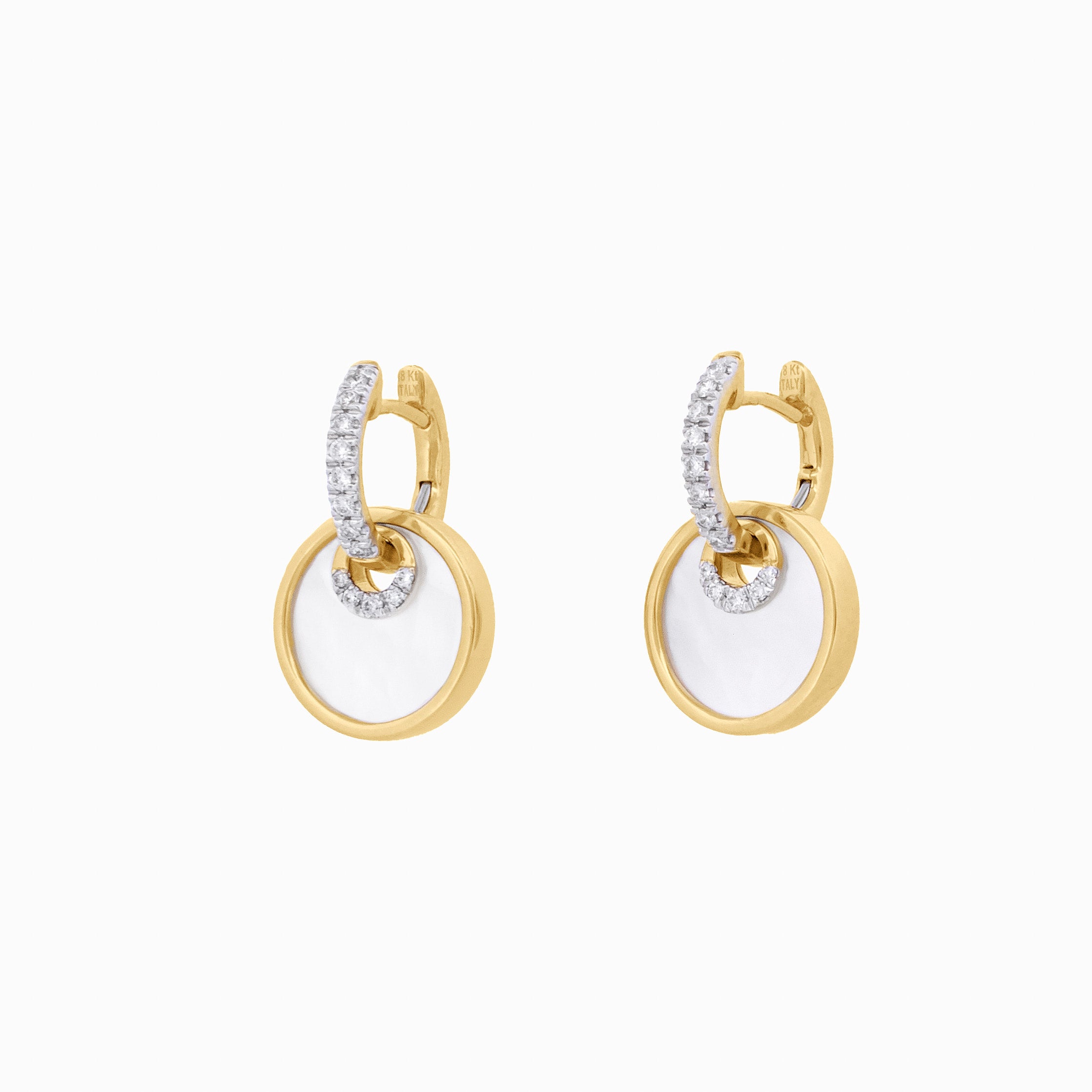 Gold Huggies with Diamond and Mother-of-Pearl Circle Drops