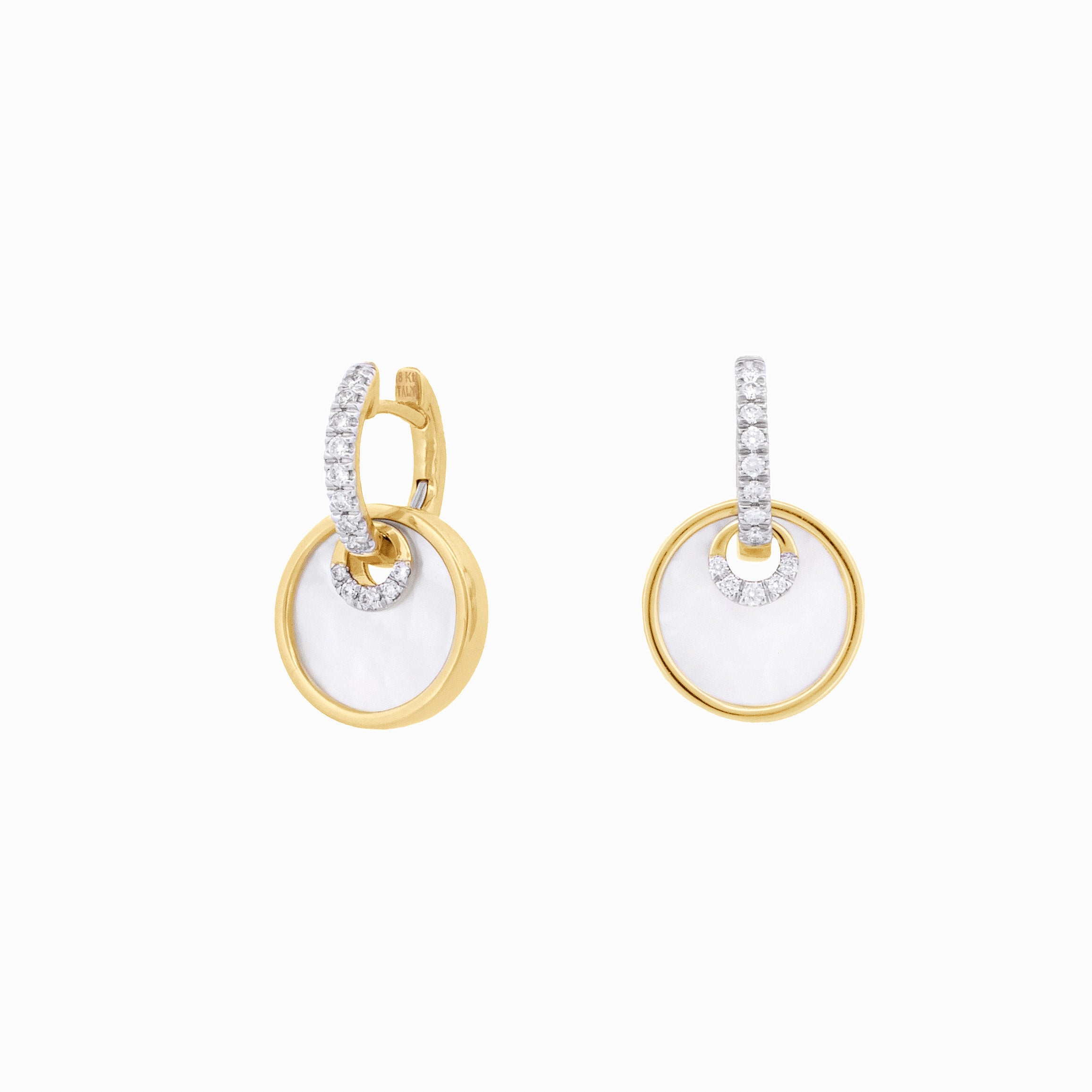 Gold Huggies with Diamond and Mother-of-Pearl Circle Drops