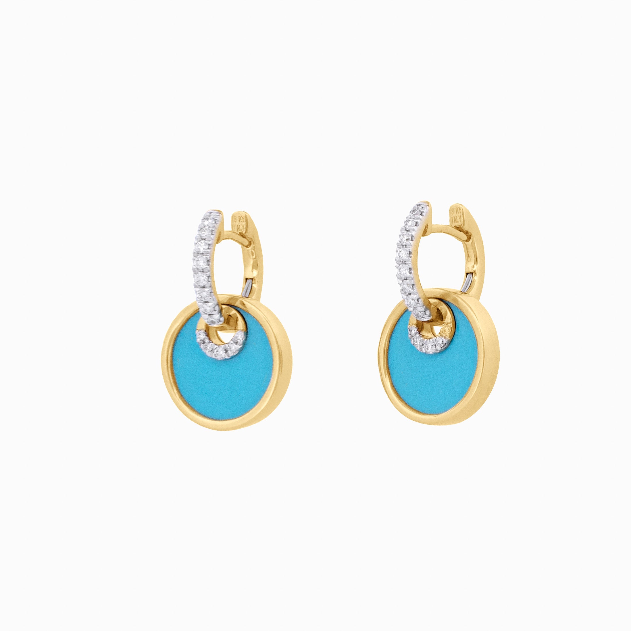 Gold Huggies with Diamond and Turquoise Circle Drops