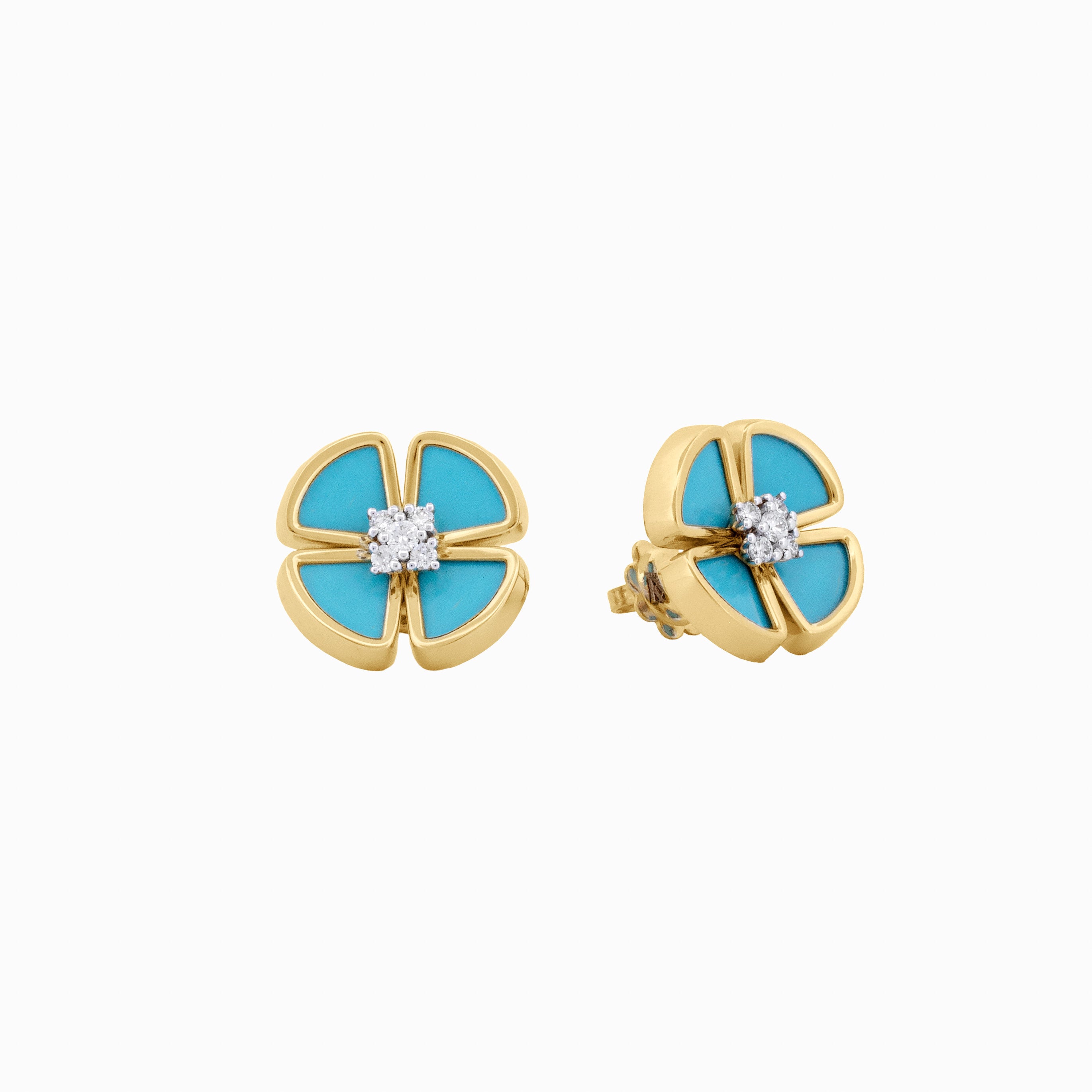 Turquoise Clover Stud Earrings with Diamond Centers