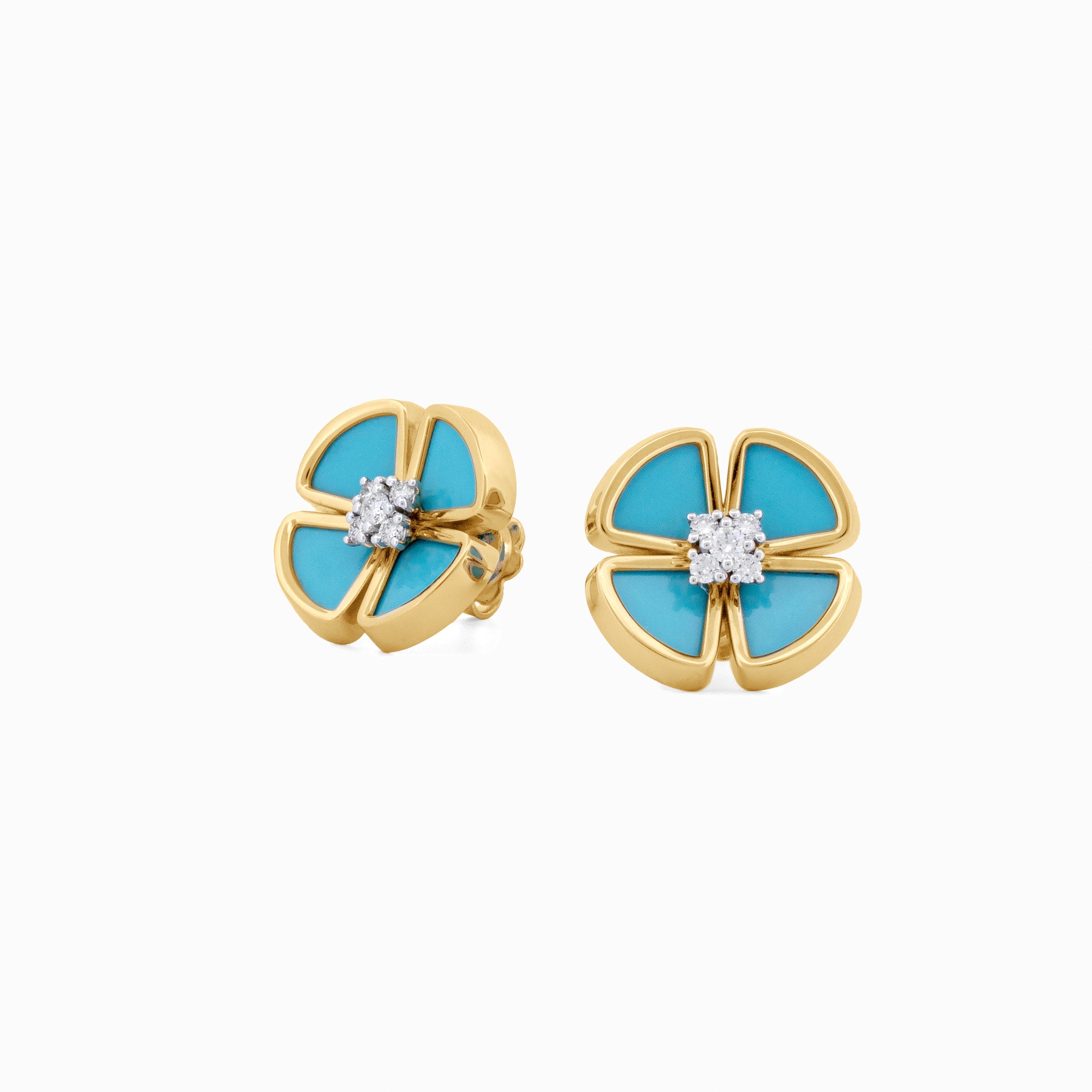 Turquoise Clover Stud Earrings with Diamond Centers