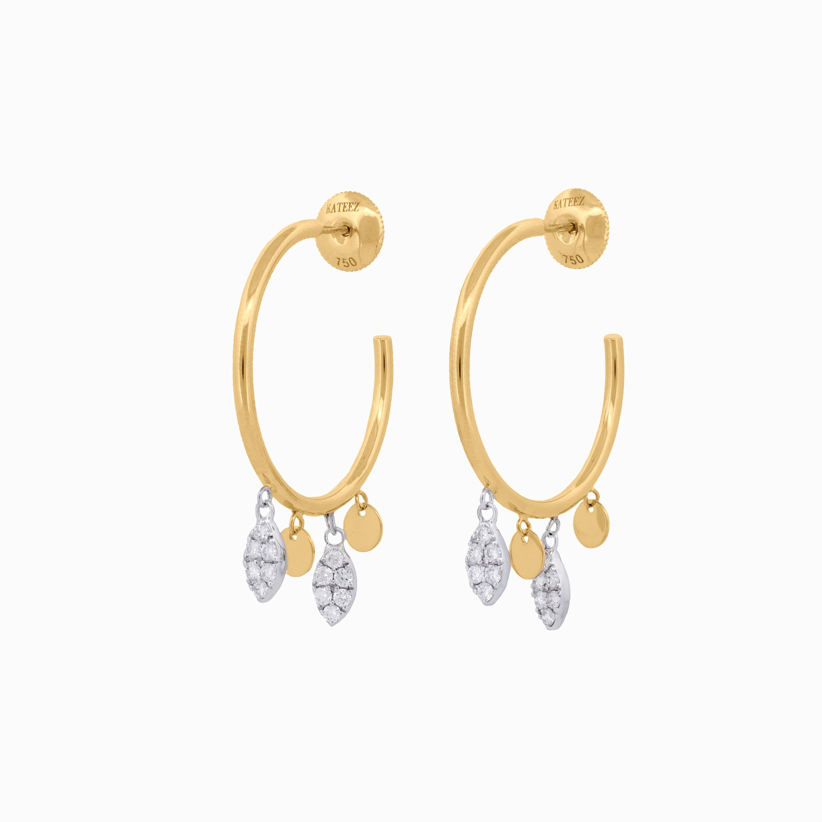 Hoop Earrings with Diamond Leafs and Disc Charms