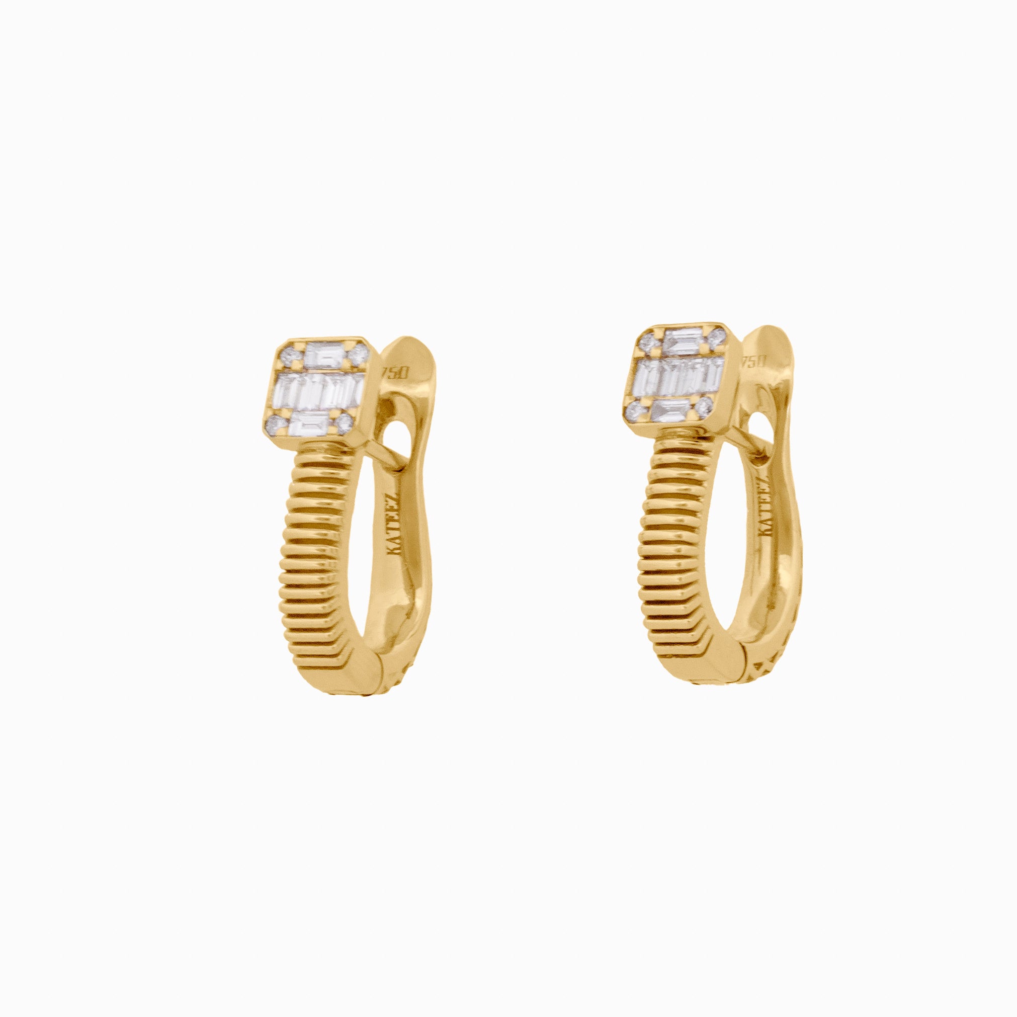 Gold Coil Earrings with Square Diamond Baguettes
