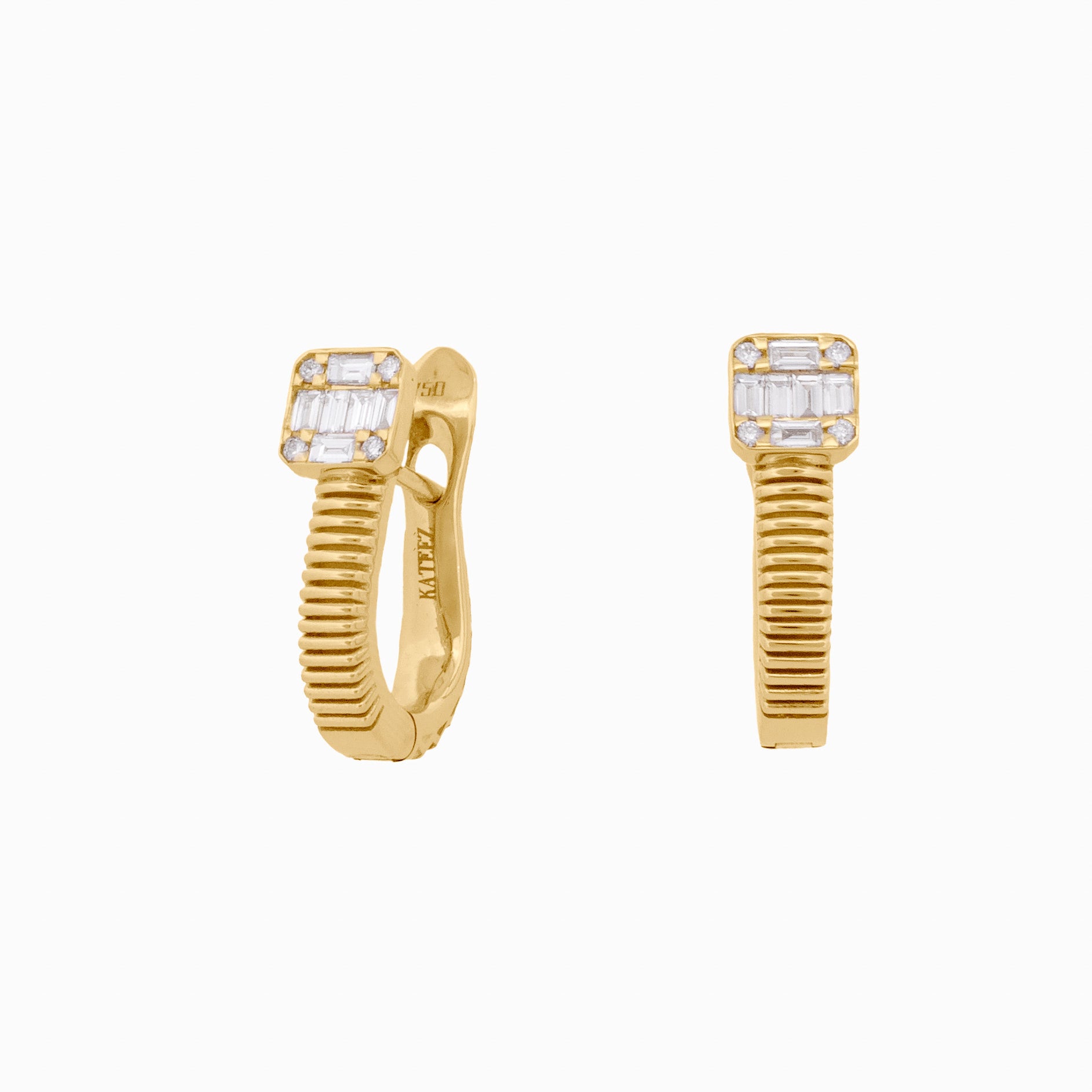 Gold Coil Earrings with Square Diamond Baguettes