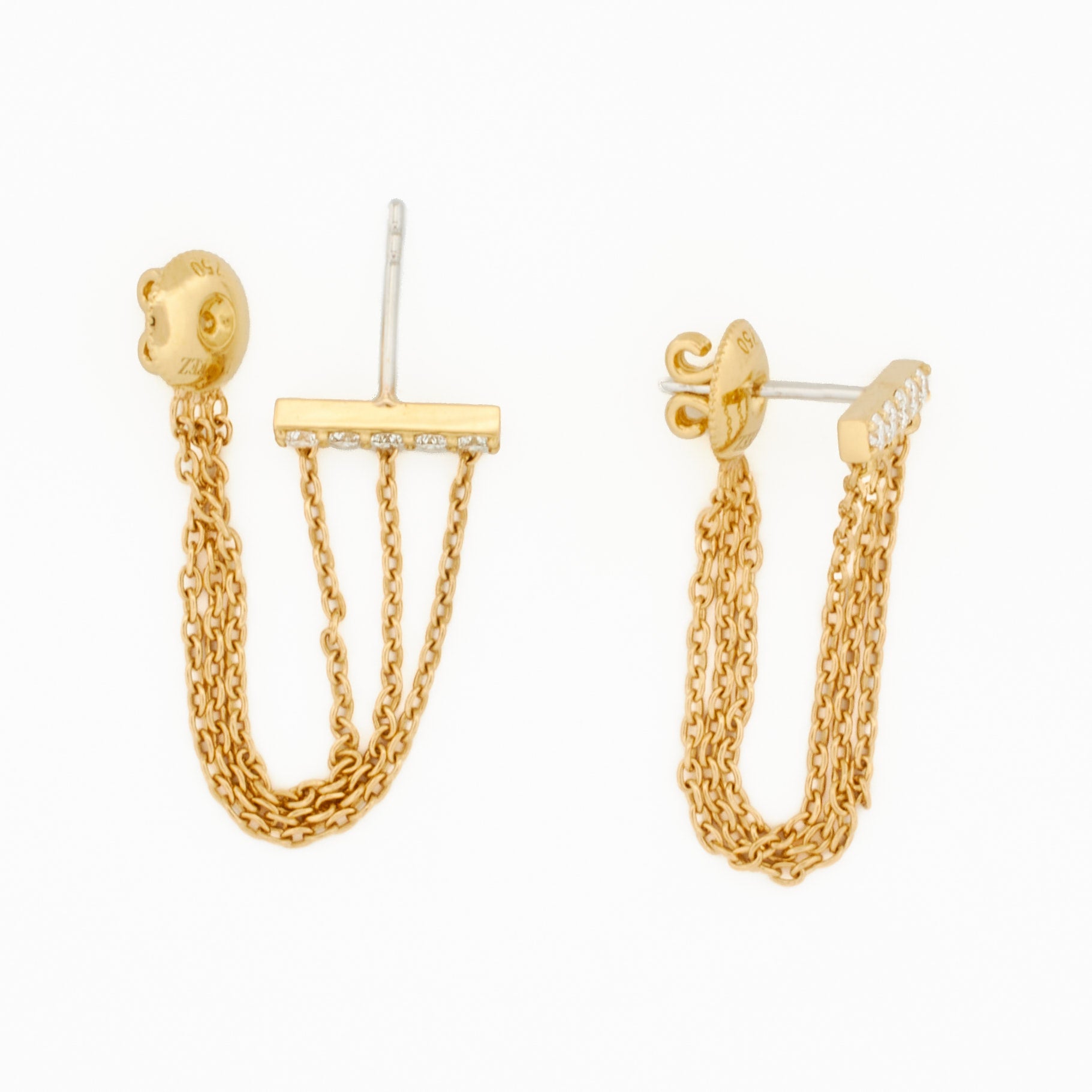 Diamond Bar Earrings with Three Chain Drops