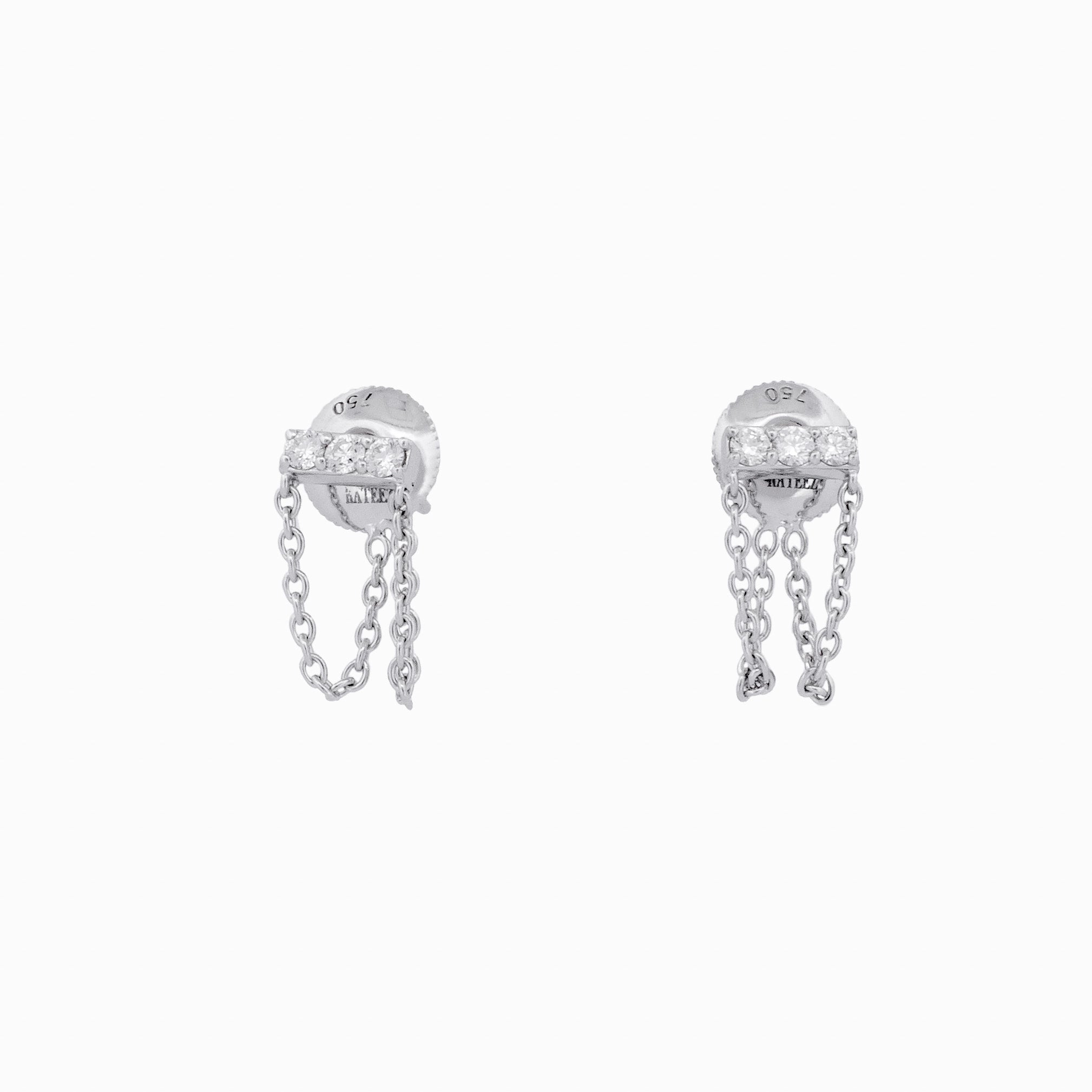 Diamond Bar Earrings with Two Chain Drops