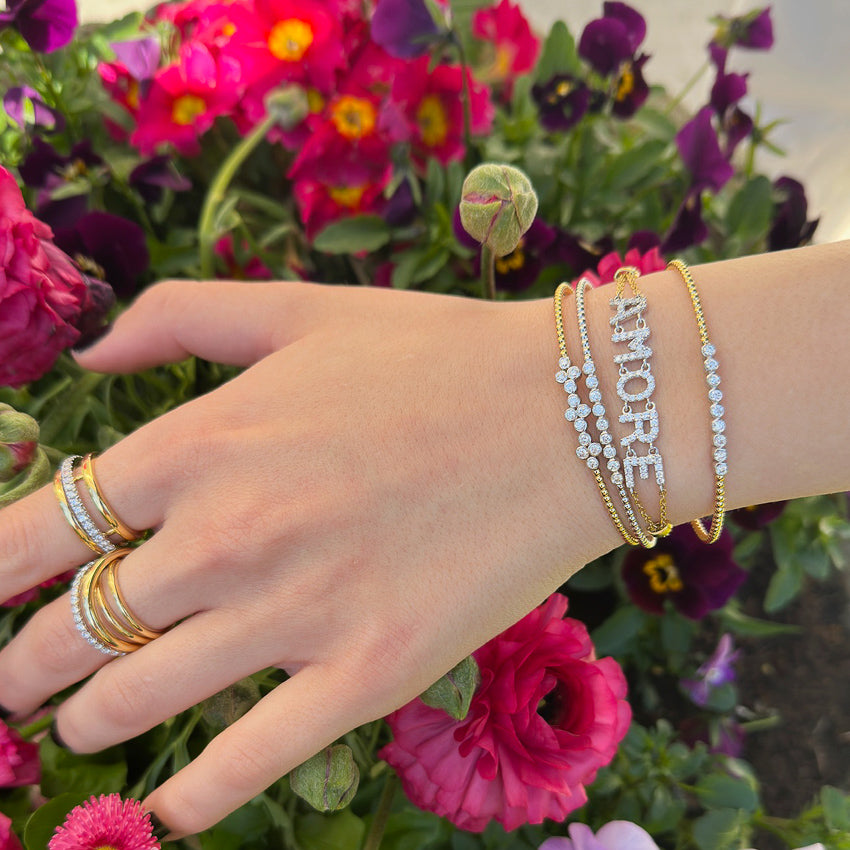 Gold Beaded Bangle with Diamond Cluster Accent