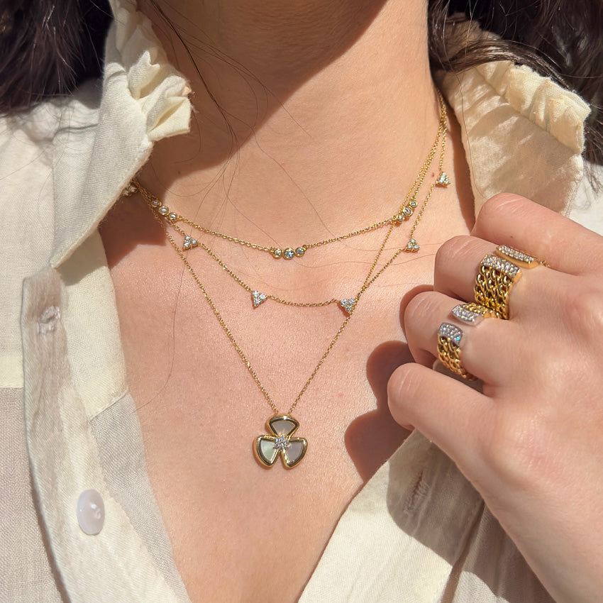 Two Row Chain Ring with Half Moon Pavé Diamond Accents