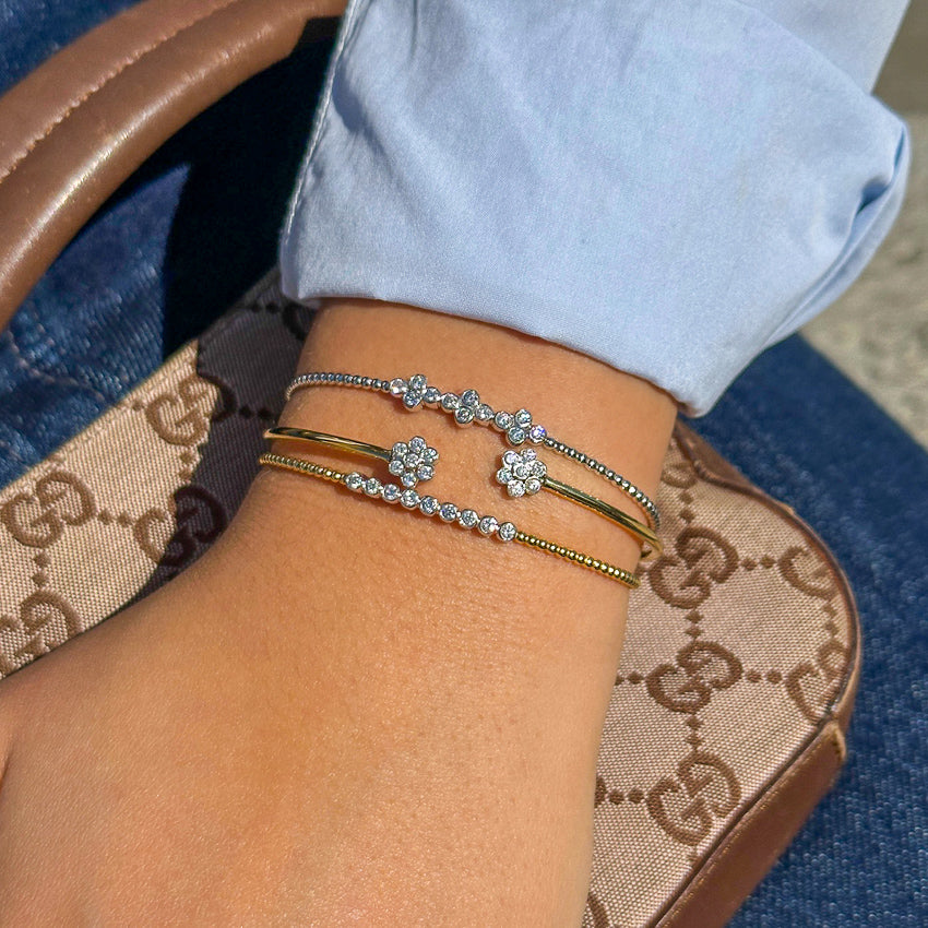 Open Cuff Bracelet Adorned with Diamond Flowers