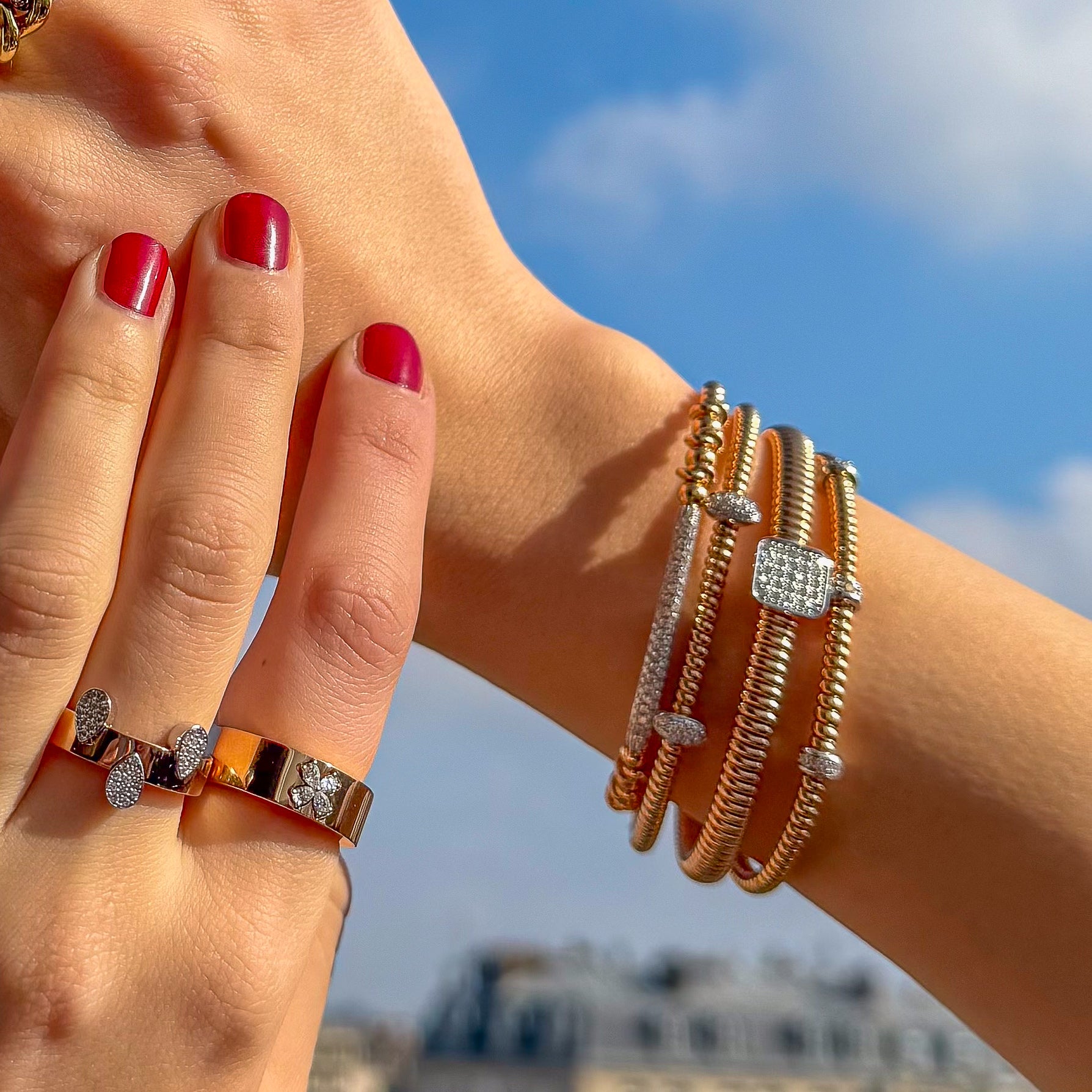 Gold Coil Bangle with Pavé Diamond Square
