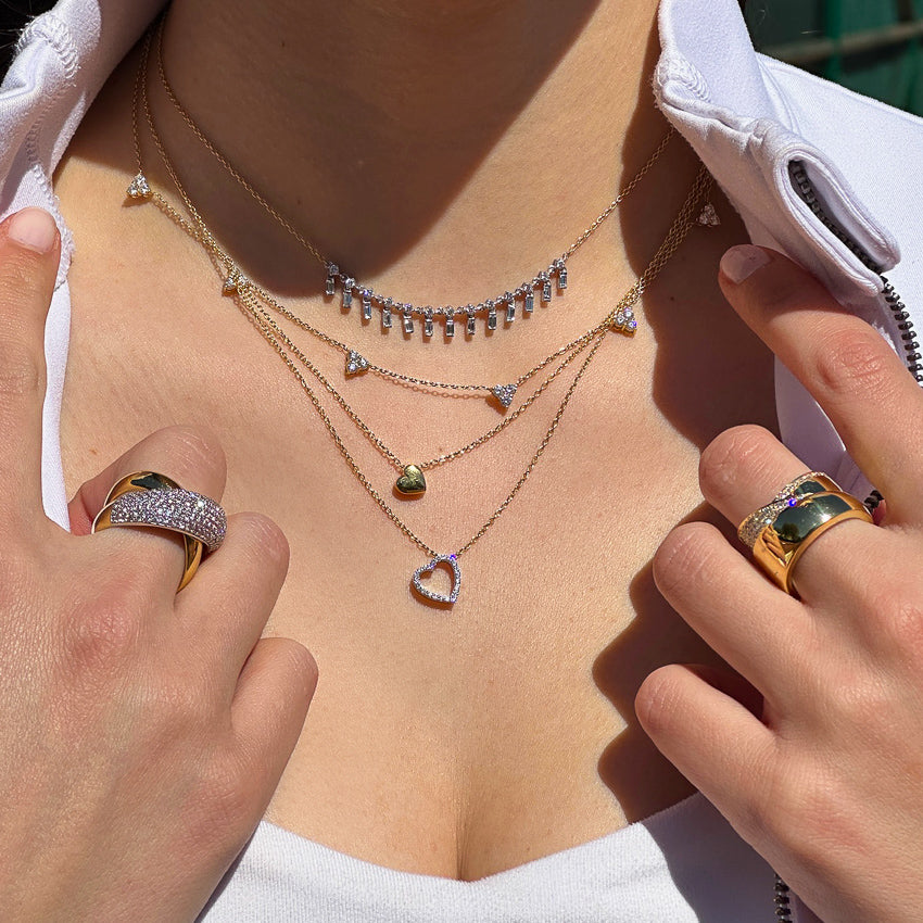 Double Layer Chain Necklace With Heart Shape Pendants with Diamond