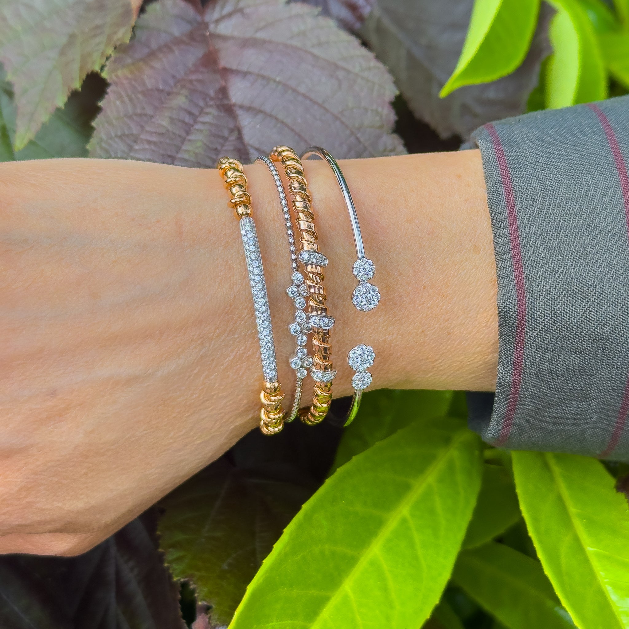 Gold Beaded Bangle with Diamond Cluster Accent