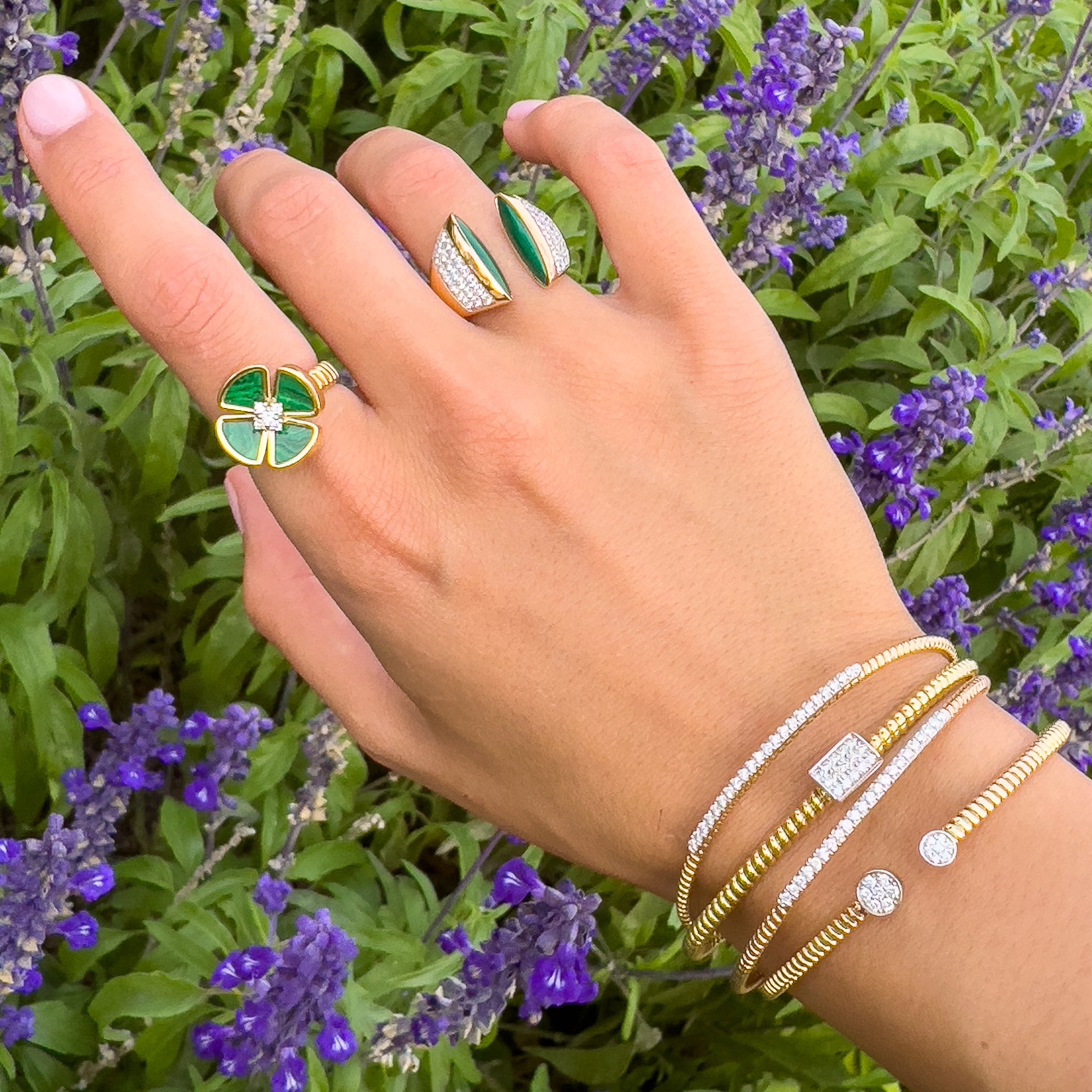 Open-Top Ring with Malachite and Diamonds