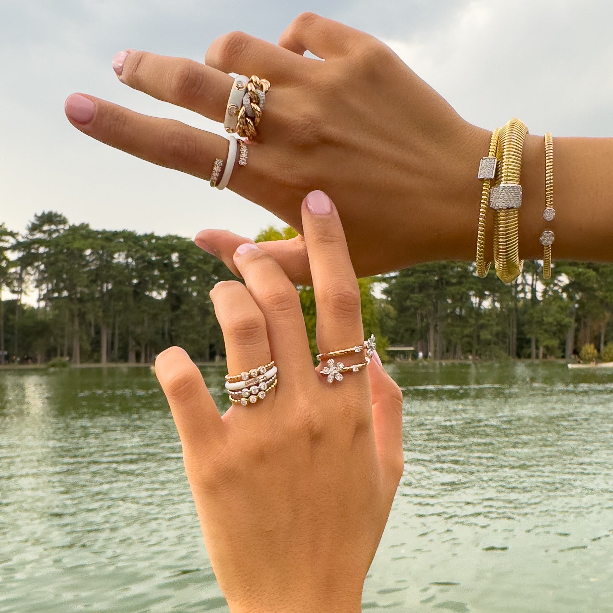 White Enamel Baguette Diamond Ring