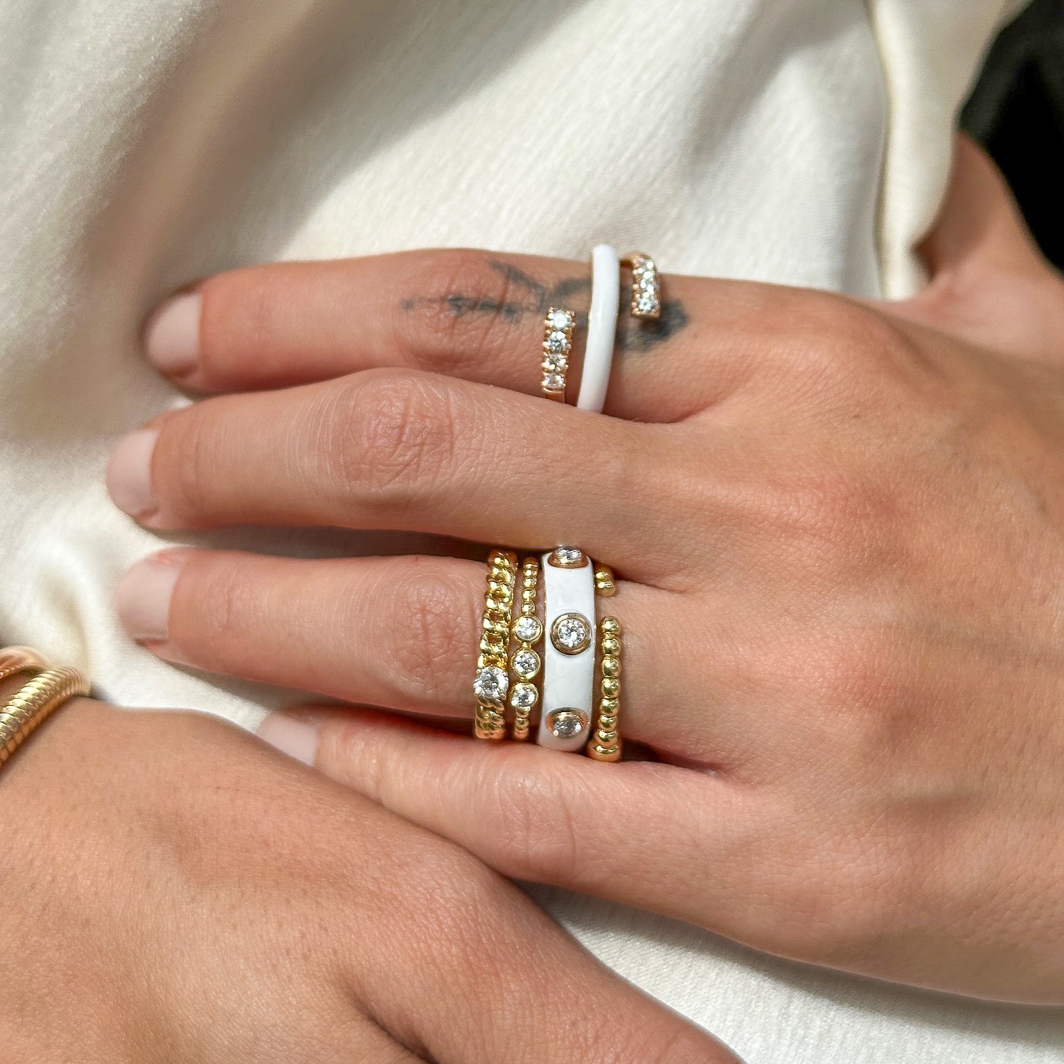 White Enamel and Diamond Half-Band Ring