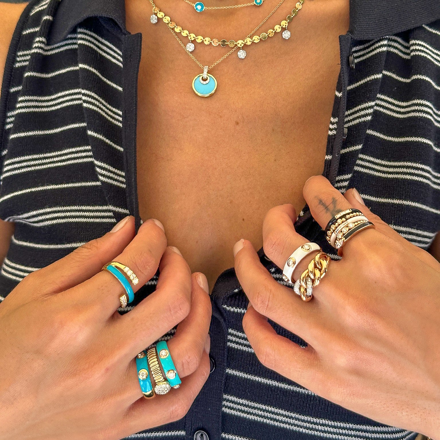 Turquoise Enamel and Diamond Half-Band Ring