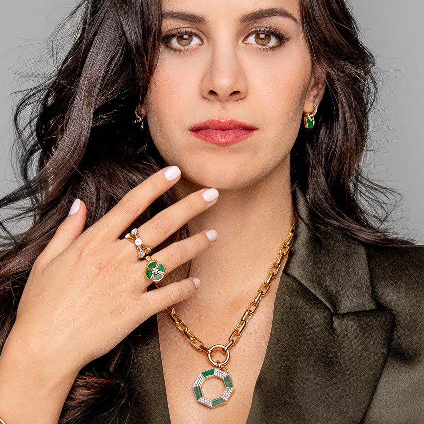 Malachite Clover Ring with Diamond Center