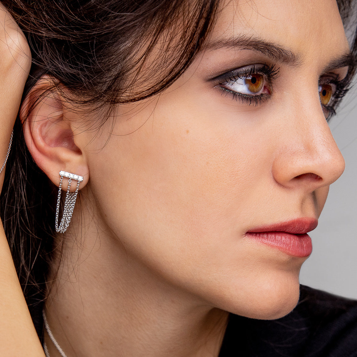 Diamond Bar Earrings with Three Chain Drops