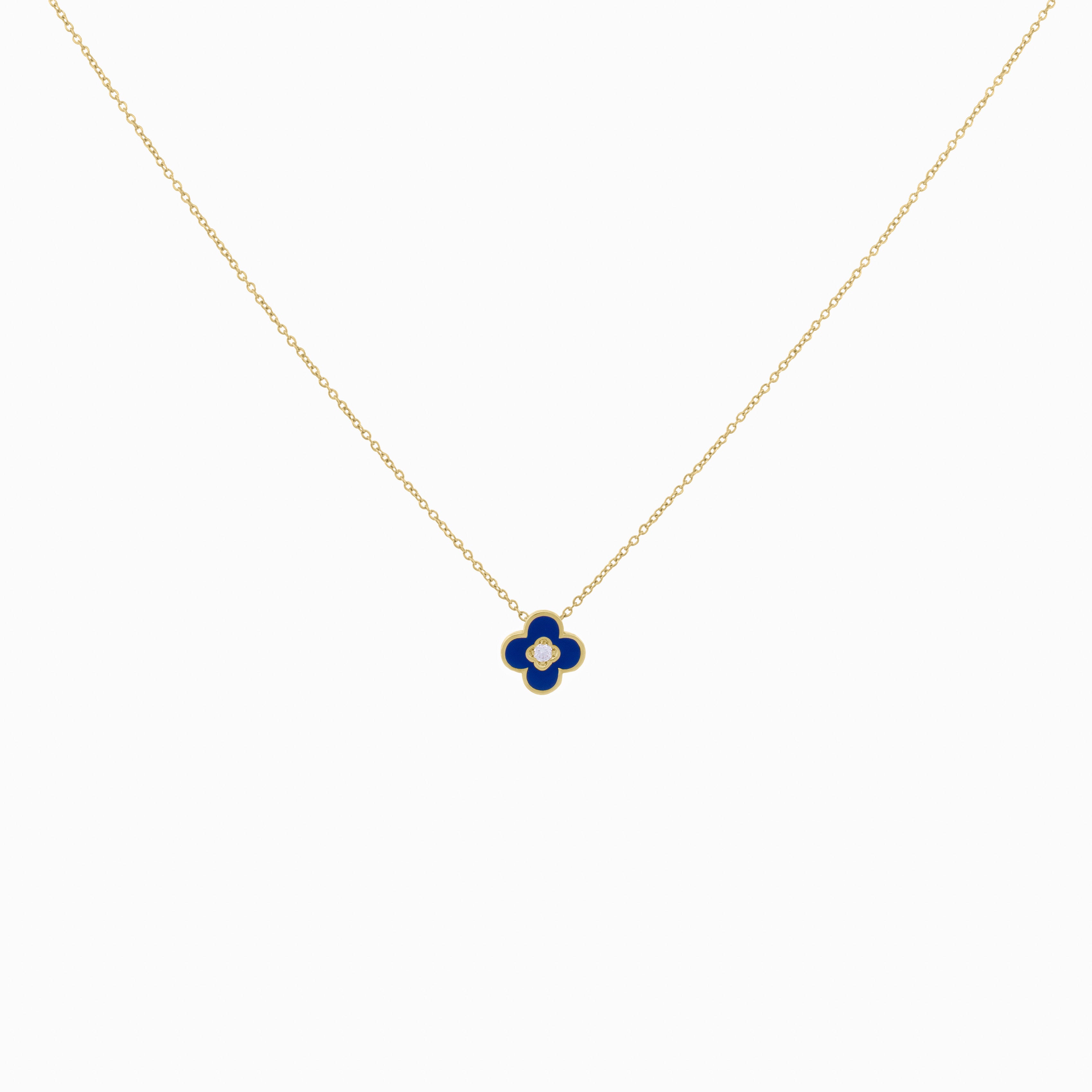 Navy Enamel Clover Pendant with Diamond Center