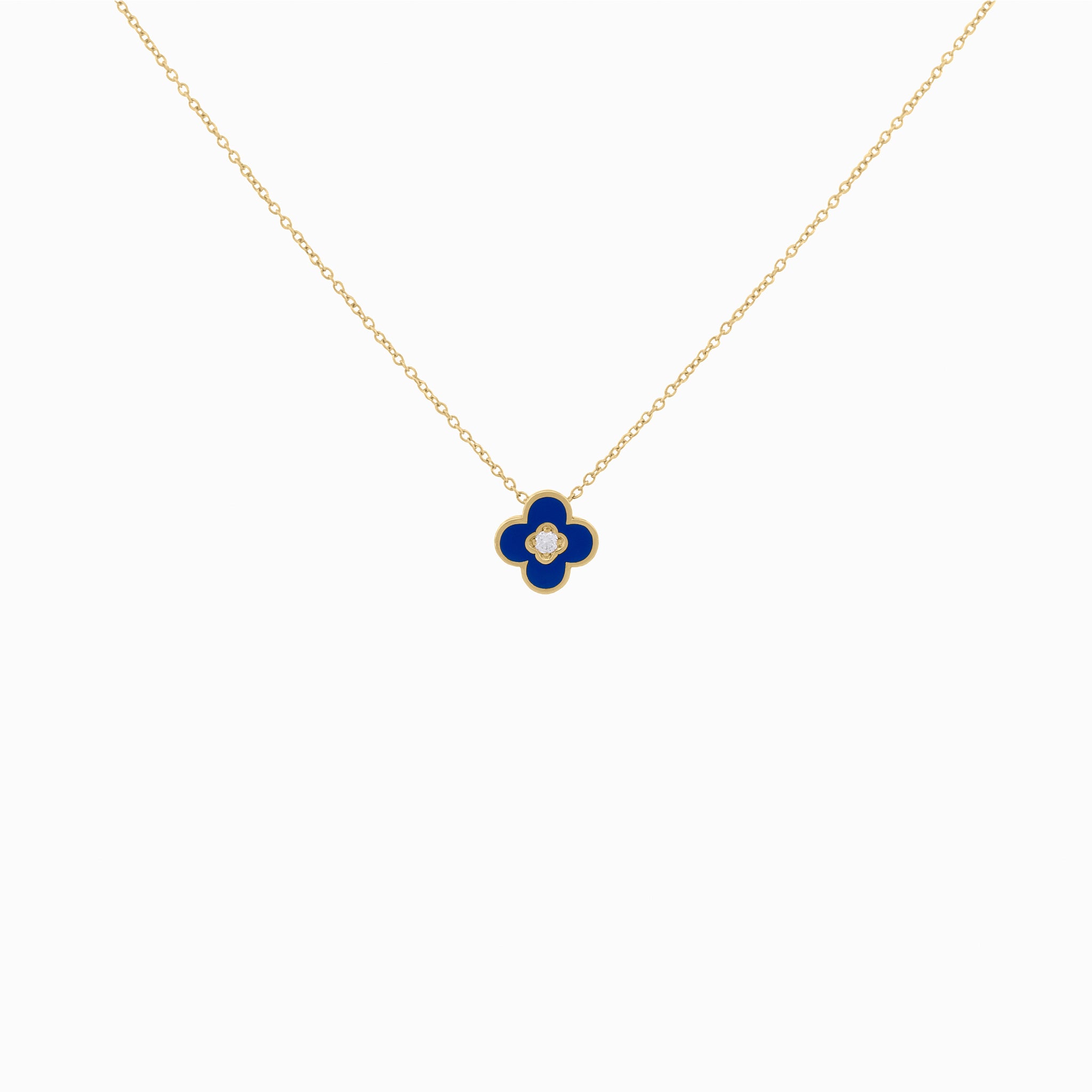 Navy Enamel Clover Pendant with Diamond Center