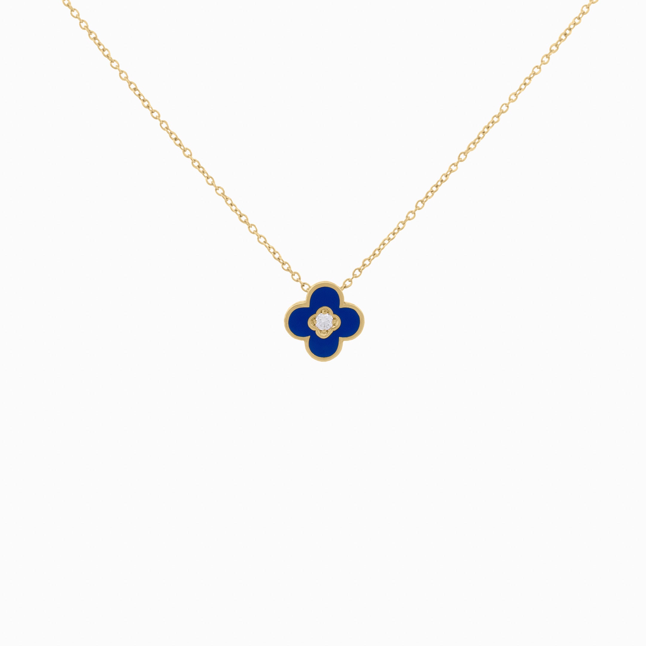 Navy Enamel Clover Pendant with Diamond Center