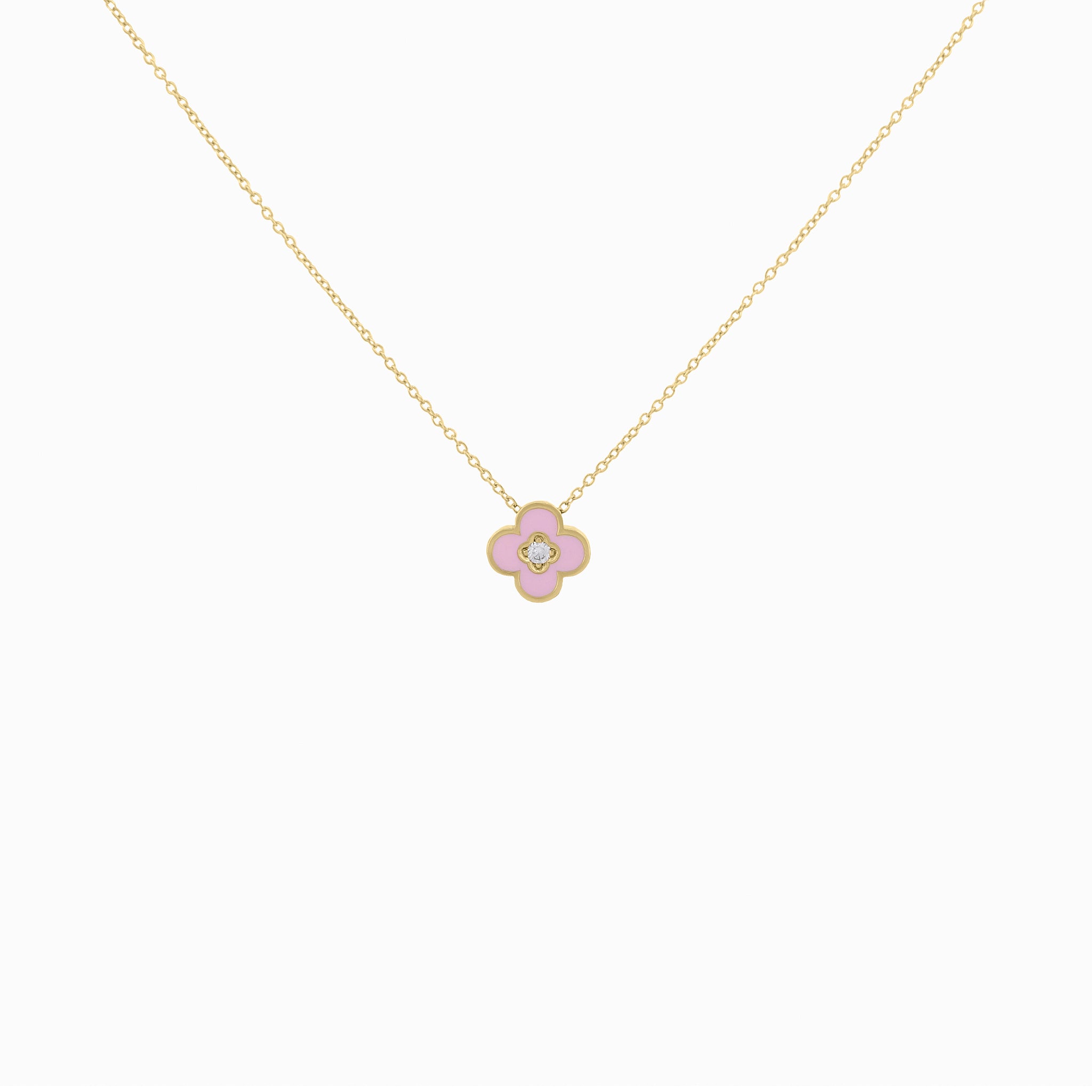 Pink Enamel Clover Pendant with Diamond Center