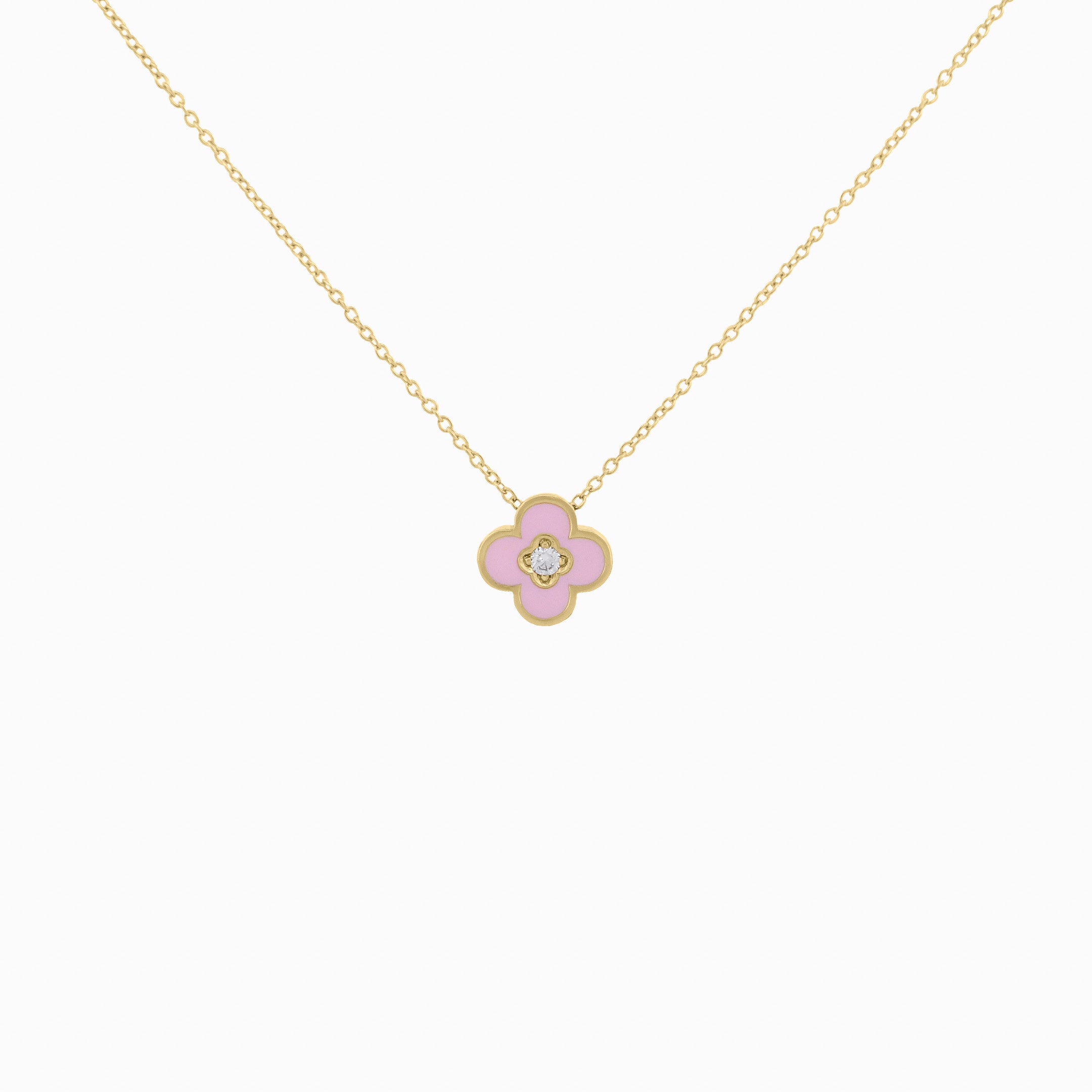 Pink Enamel Clover Pendant with Diamond Center