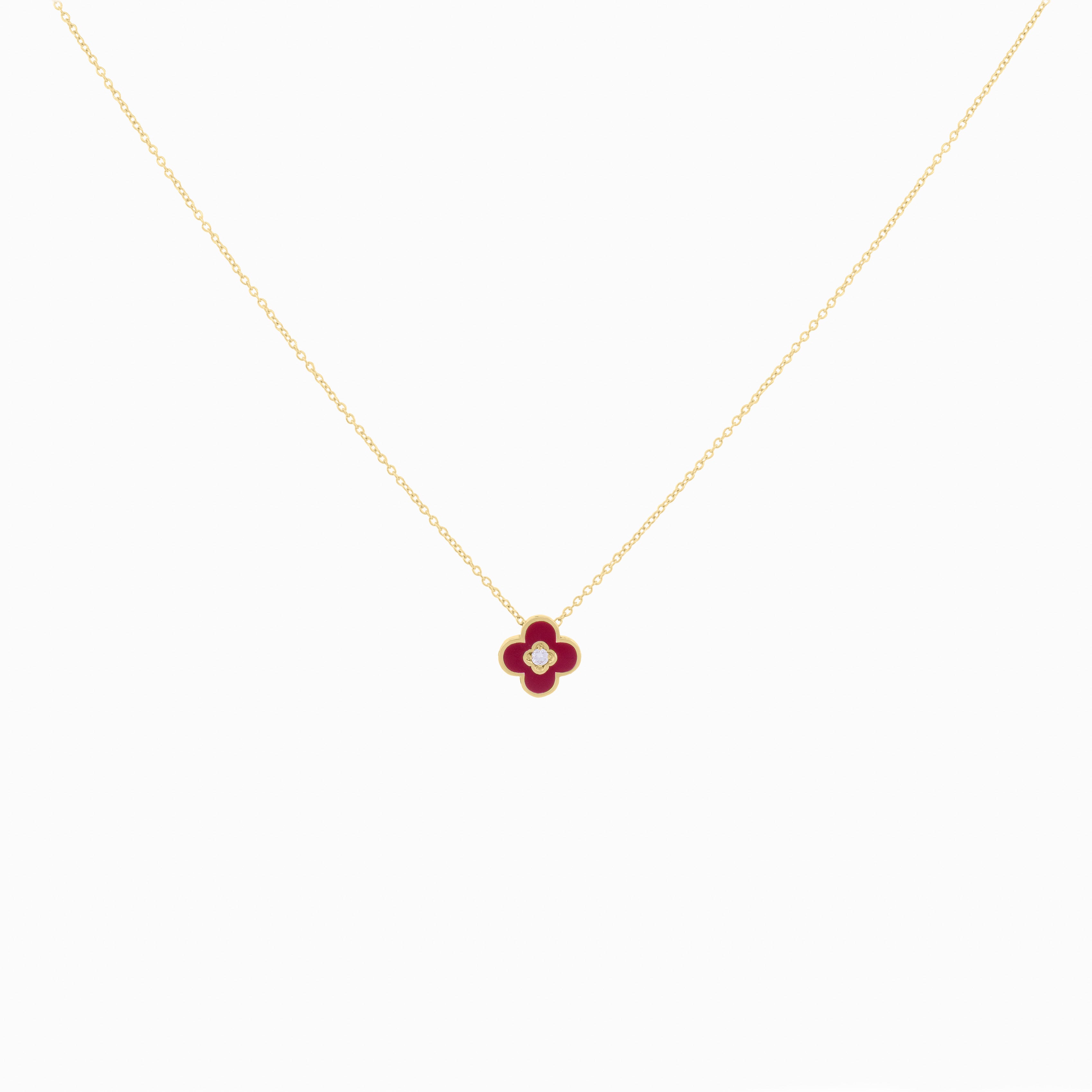Burgundy Enamel Clover Pendant with Diamond Center