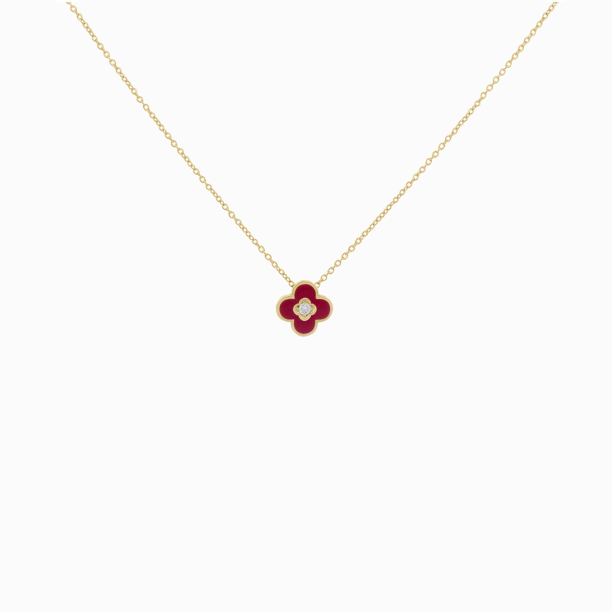 Burgundy Enamel Clover Pendant with Diamond Center