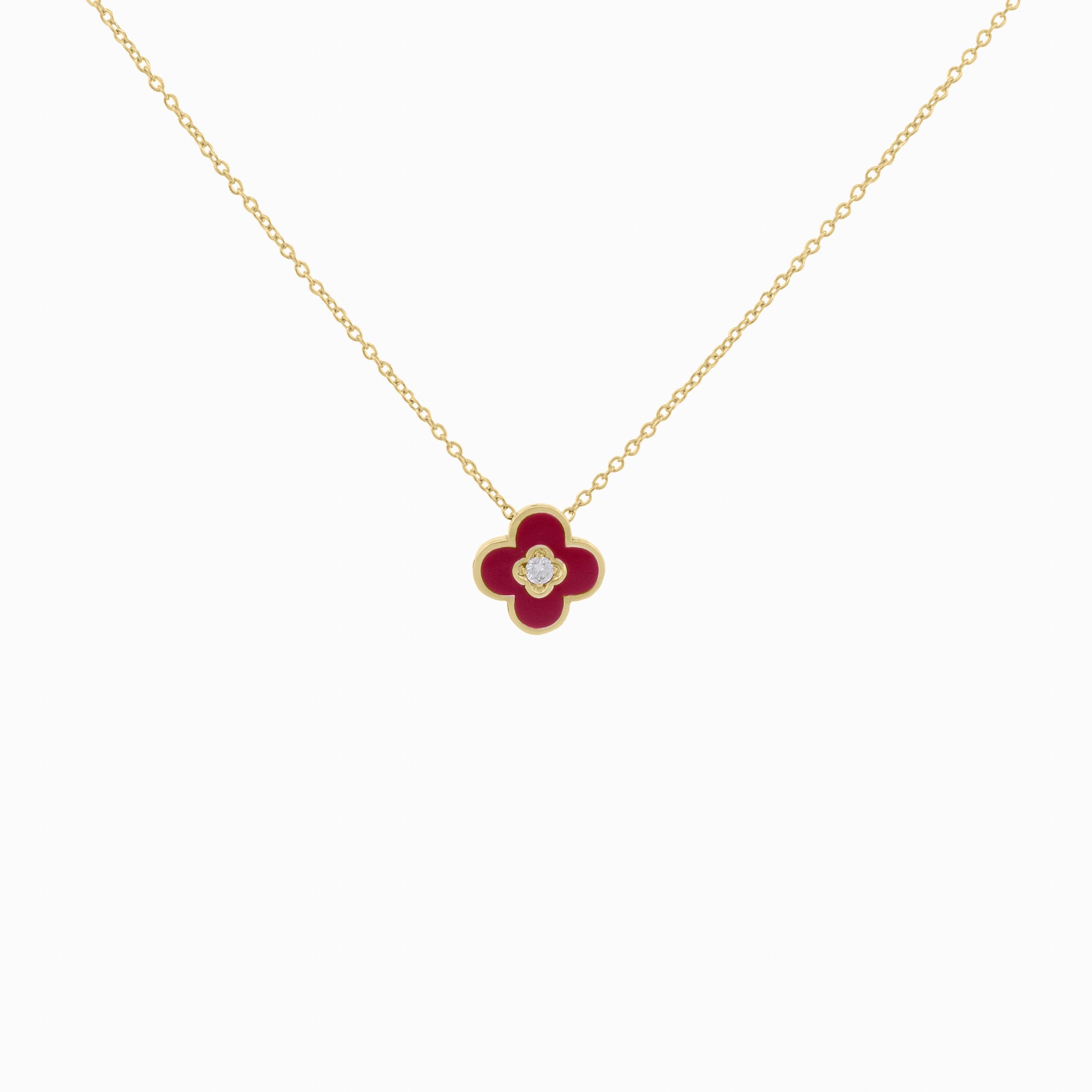 Burgundy Enamel Clover Pendant with Diamond Center