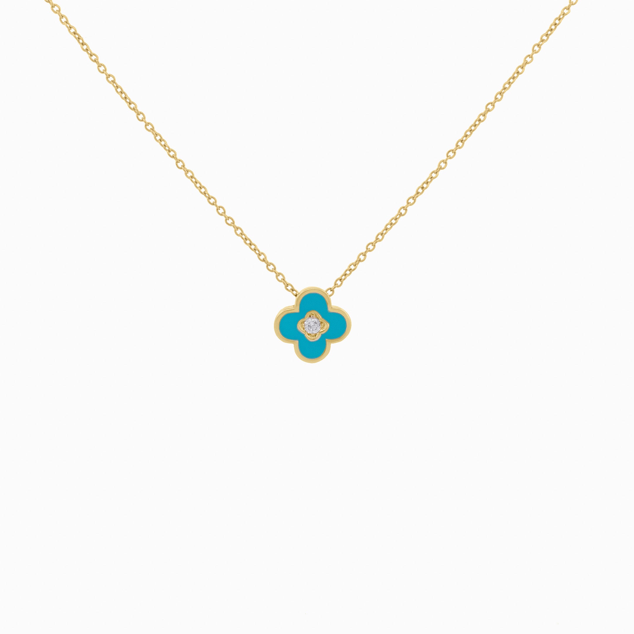 Turquoise Enamel Clover Pendant with Diamond Center