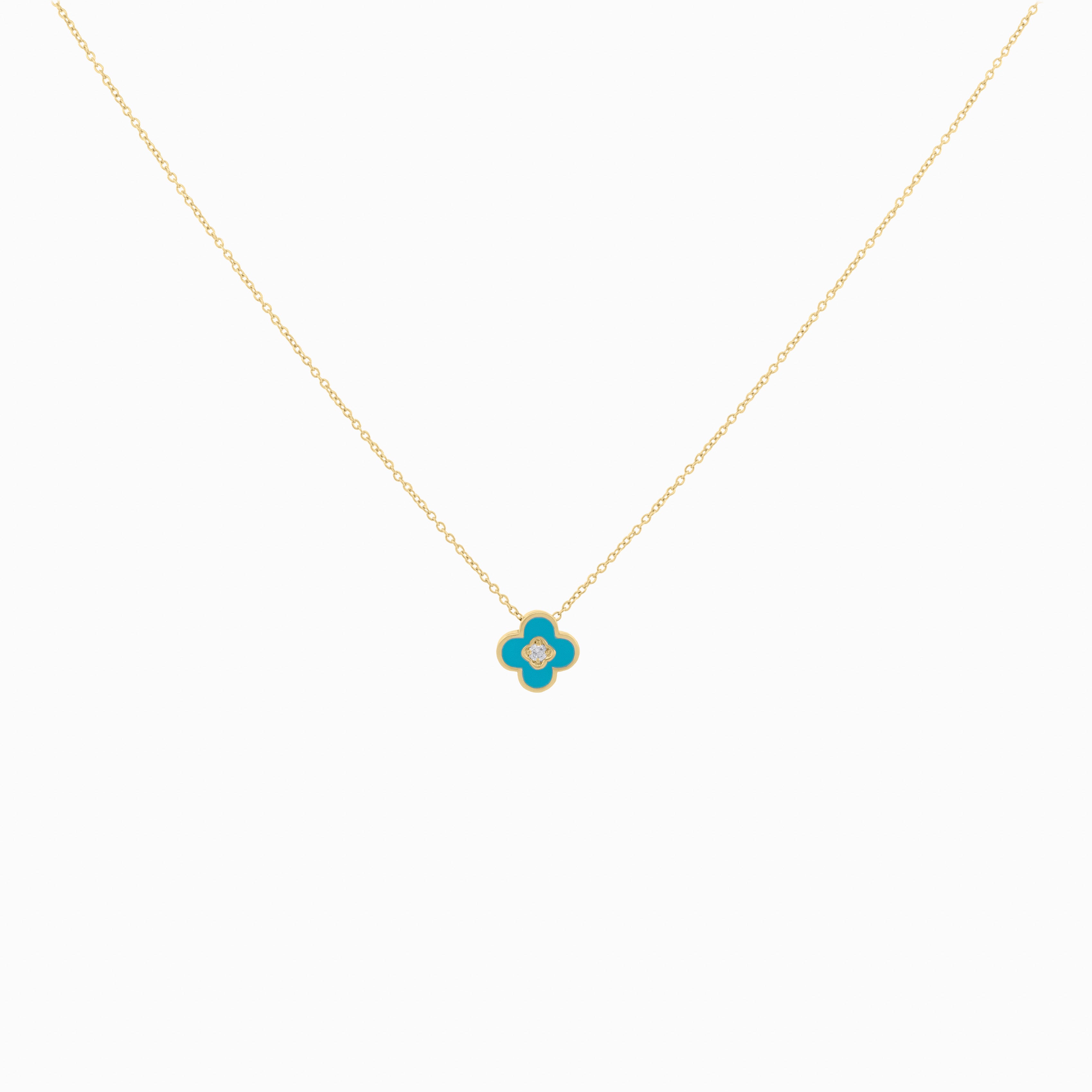 Turquoise Enamel Clover Pendant with Diamond Center