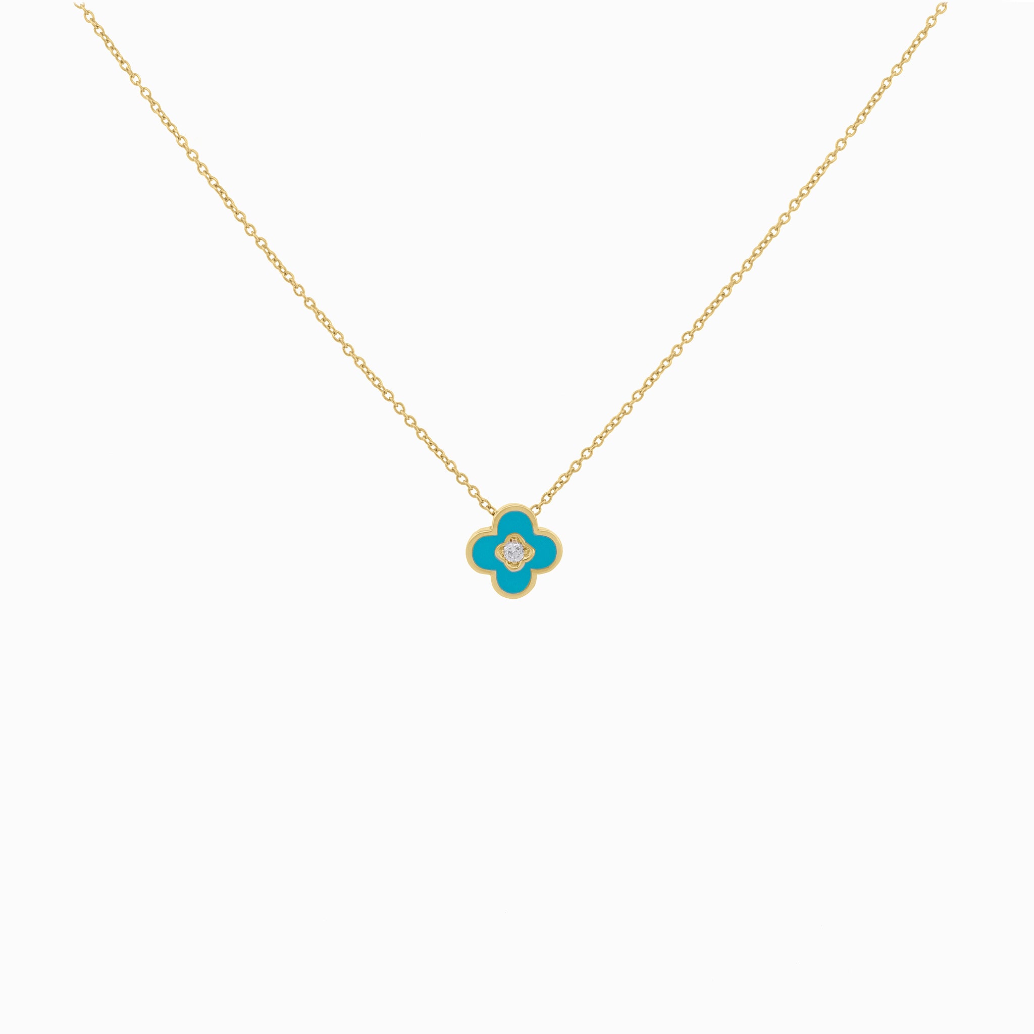Turquoise Enamel Clover Pendant with Diamond Center