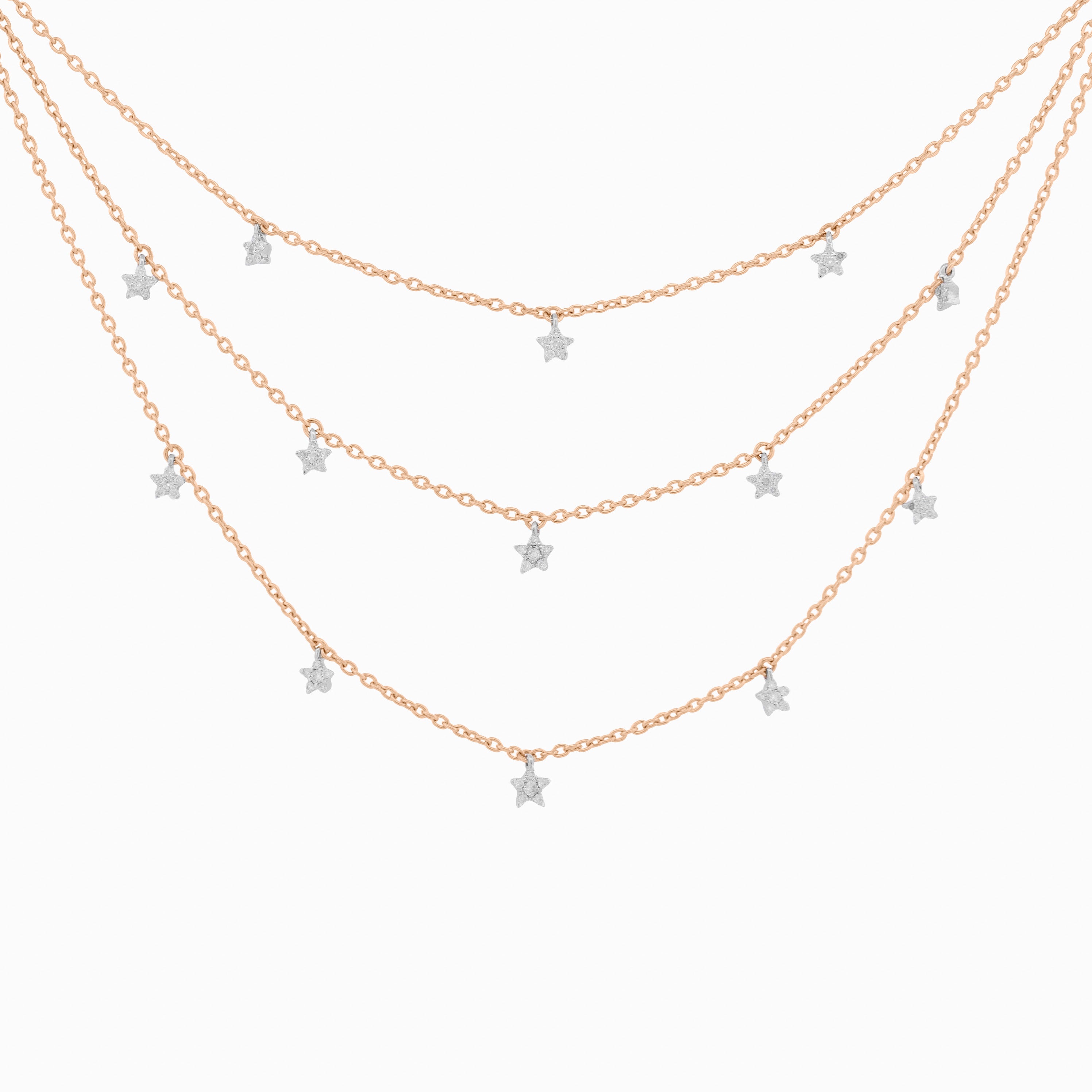 Triple Layer Chain Necklace with Cascading Pavé Diamond Stars