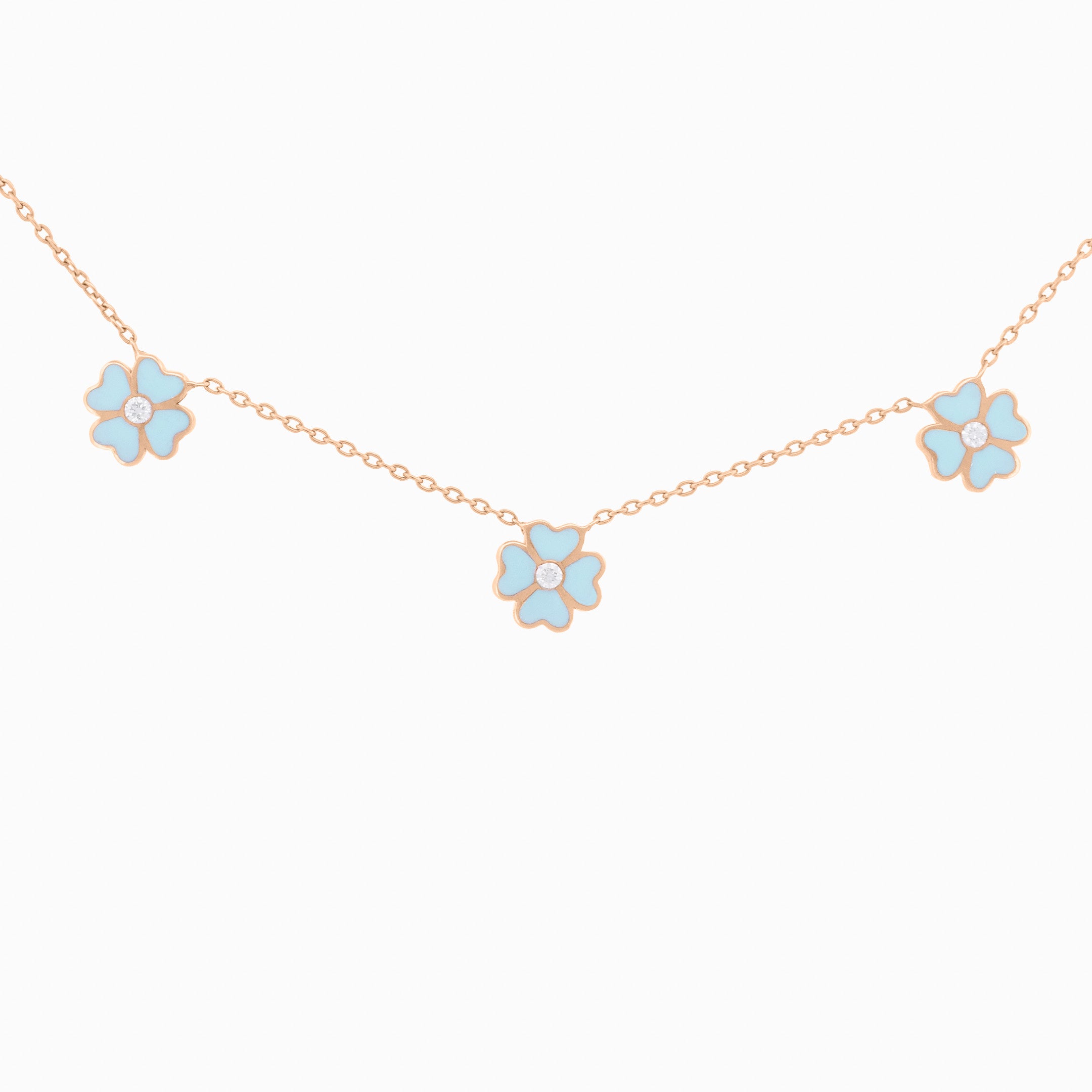 Aquamarine Enamel Flower Necklace with Diamond Center