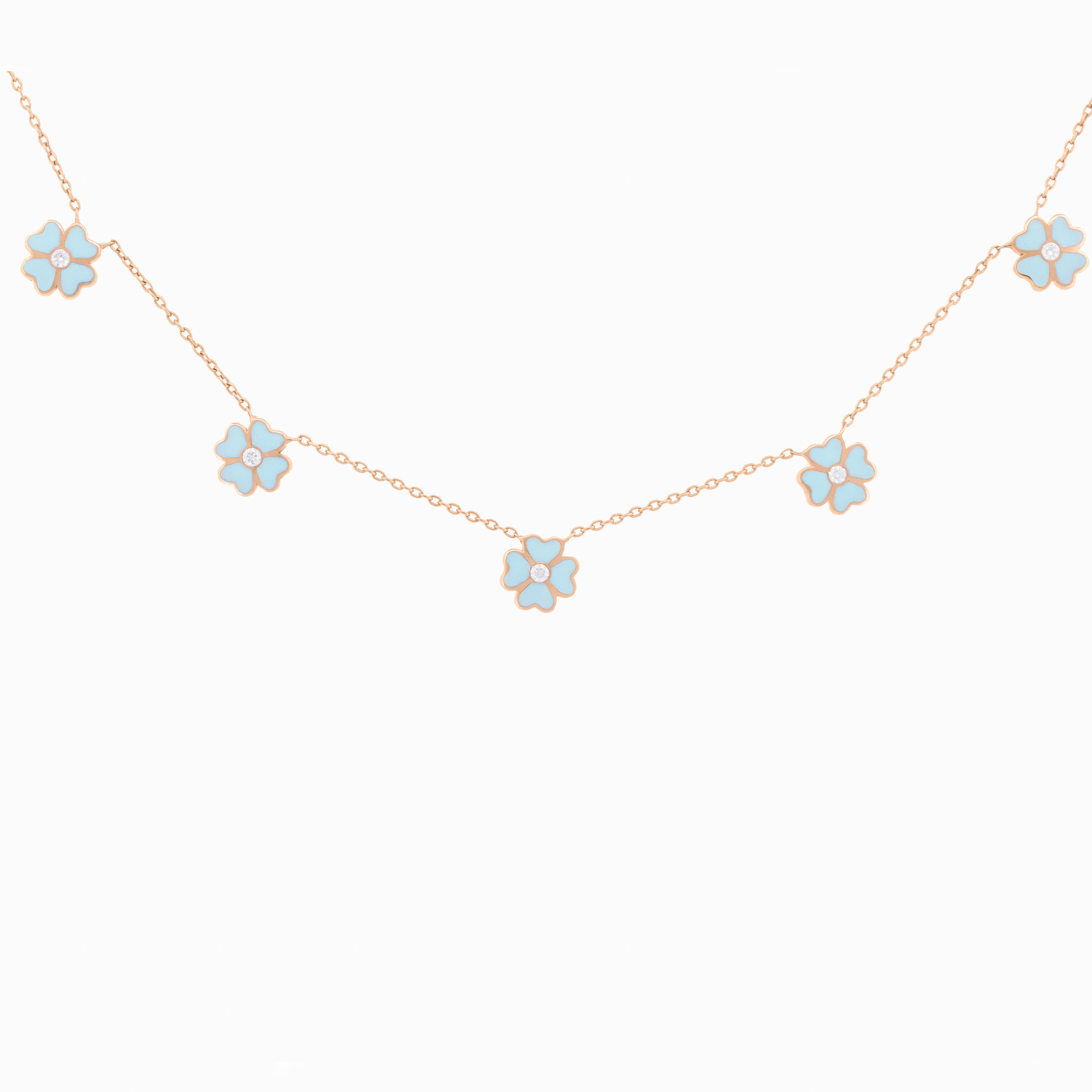 Aquamarine Enamel Flower Necklace with Diamond Center