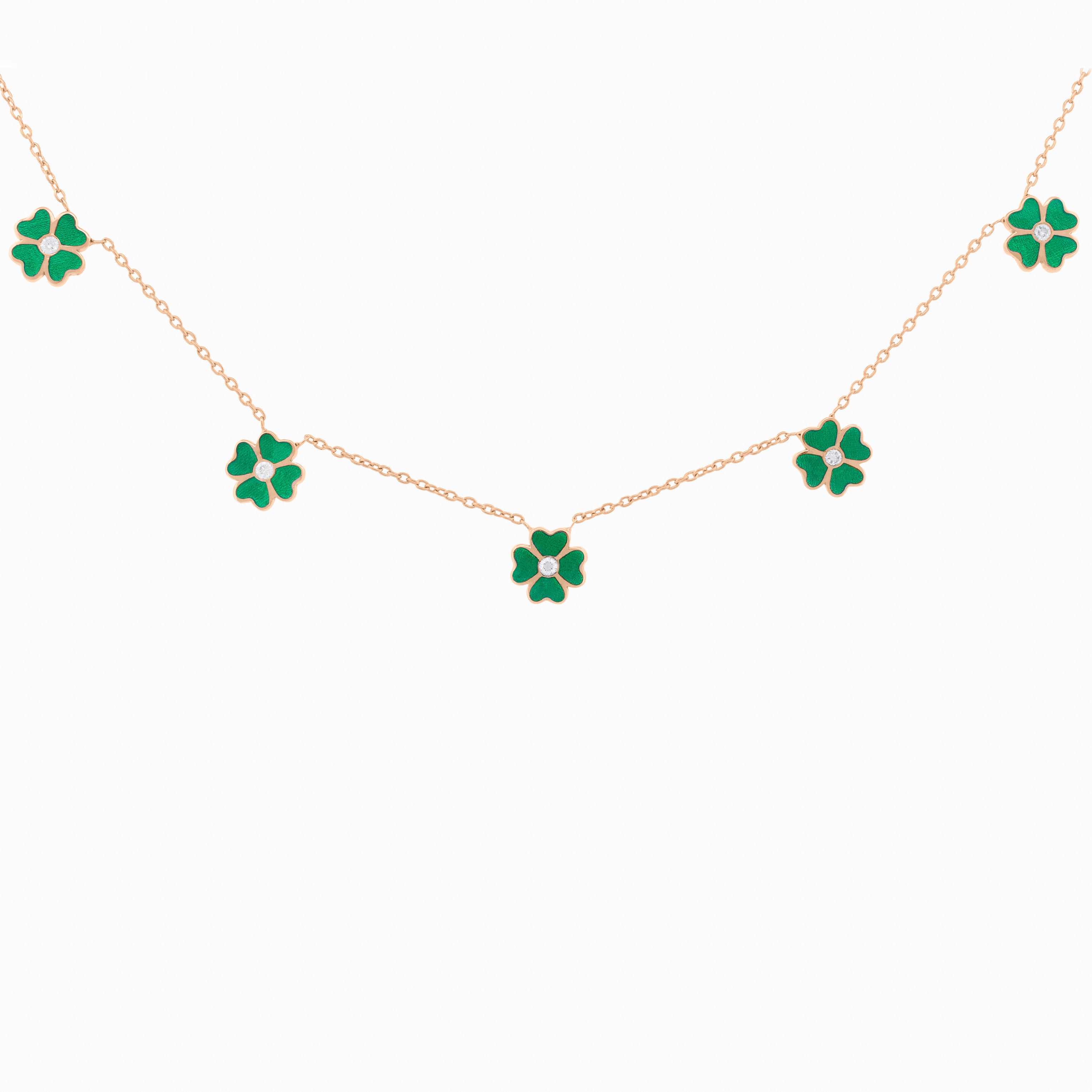 Green Enamel Flower Necklace with Diamond Center