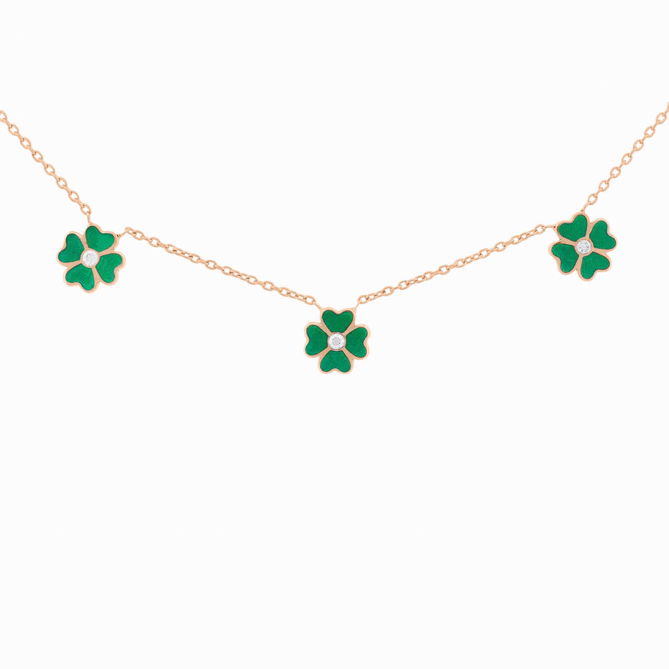 Green Enamel Flower Necklace with Diamond Center
