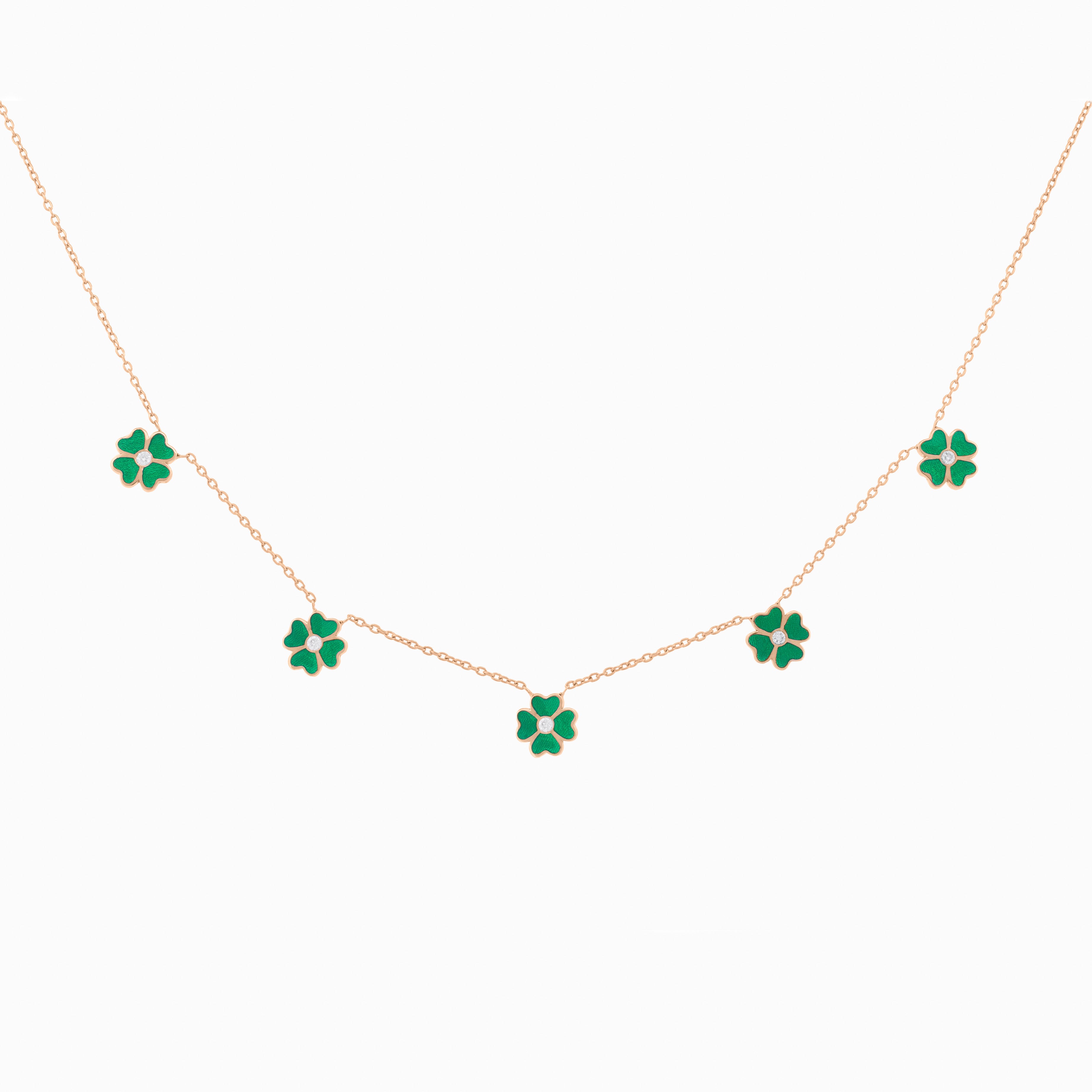 Green Enamel Flower Necklace with Diamond Center