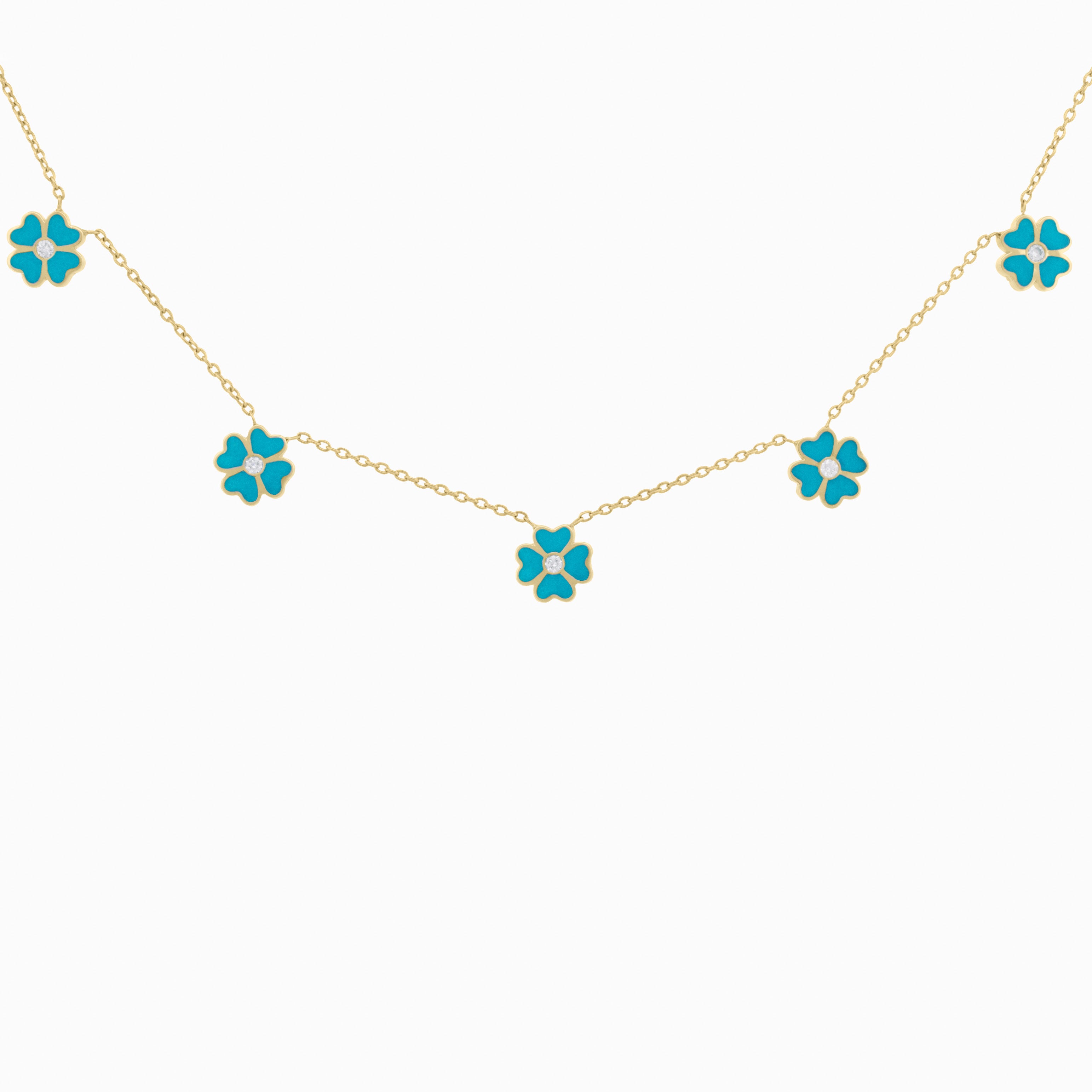 Turquoise Enamel Flower Necklace with Diamond Center