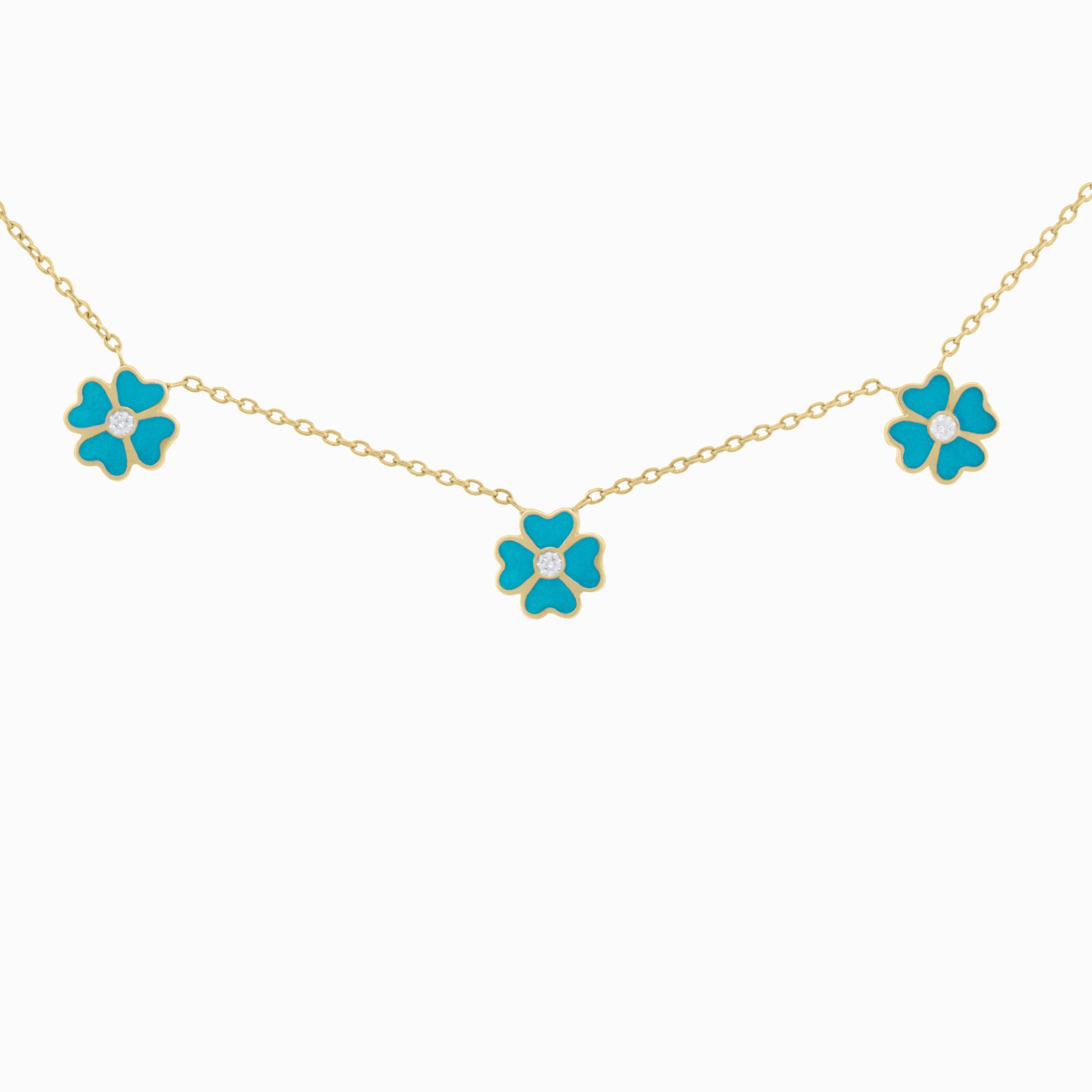 Turquoise Enamel Flower Necklace with Diamond Center