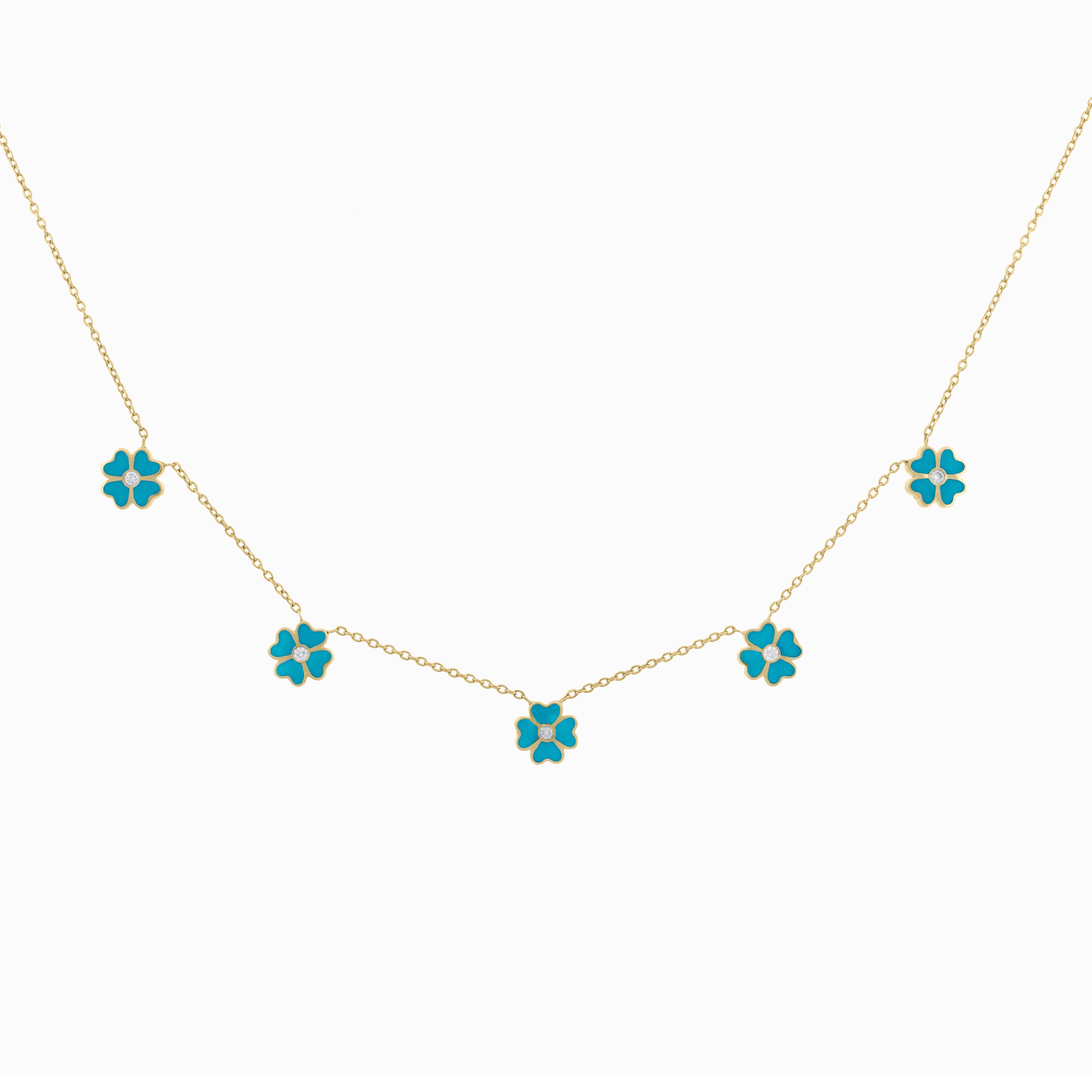 Turquoise Enamel Flower Necklace with Diamond Center