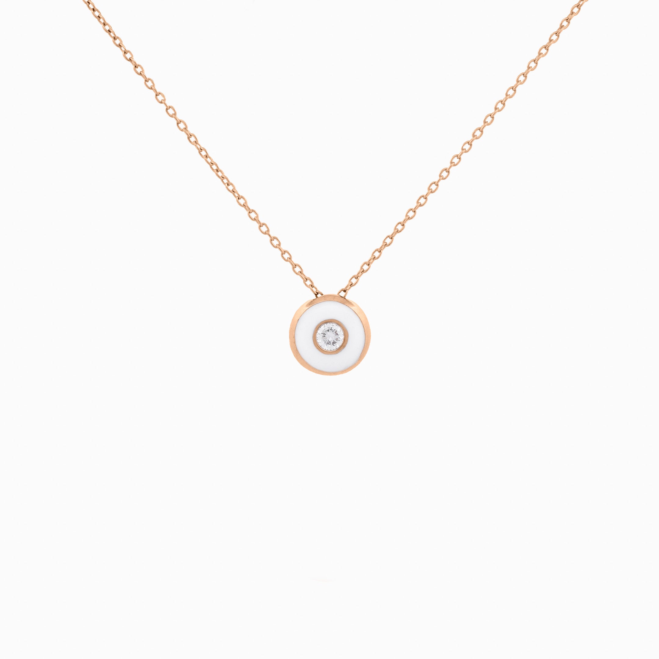 White Enamel Round Pendant with Diamond Center