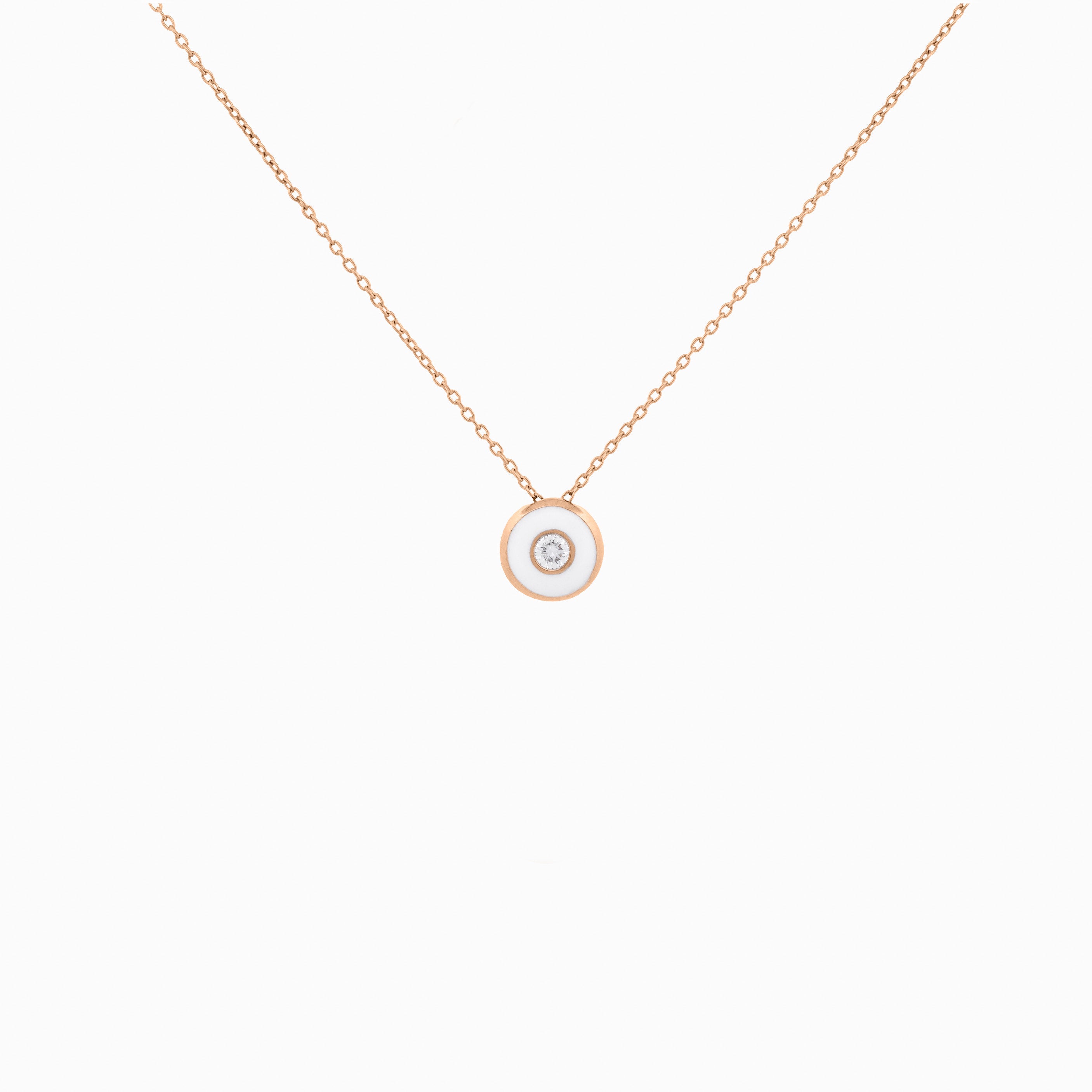 White Enamel Round Pendant with Diamond Center